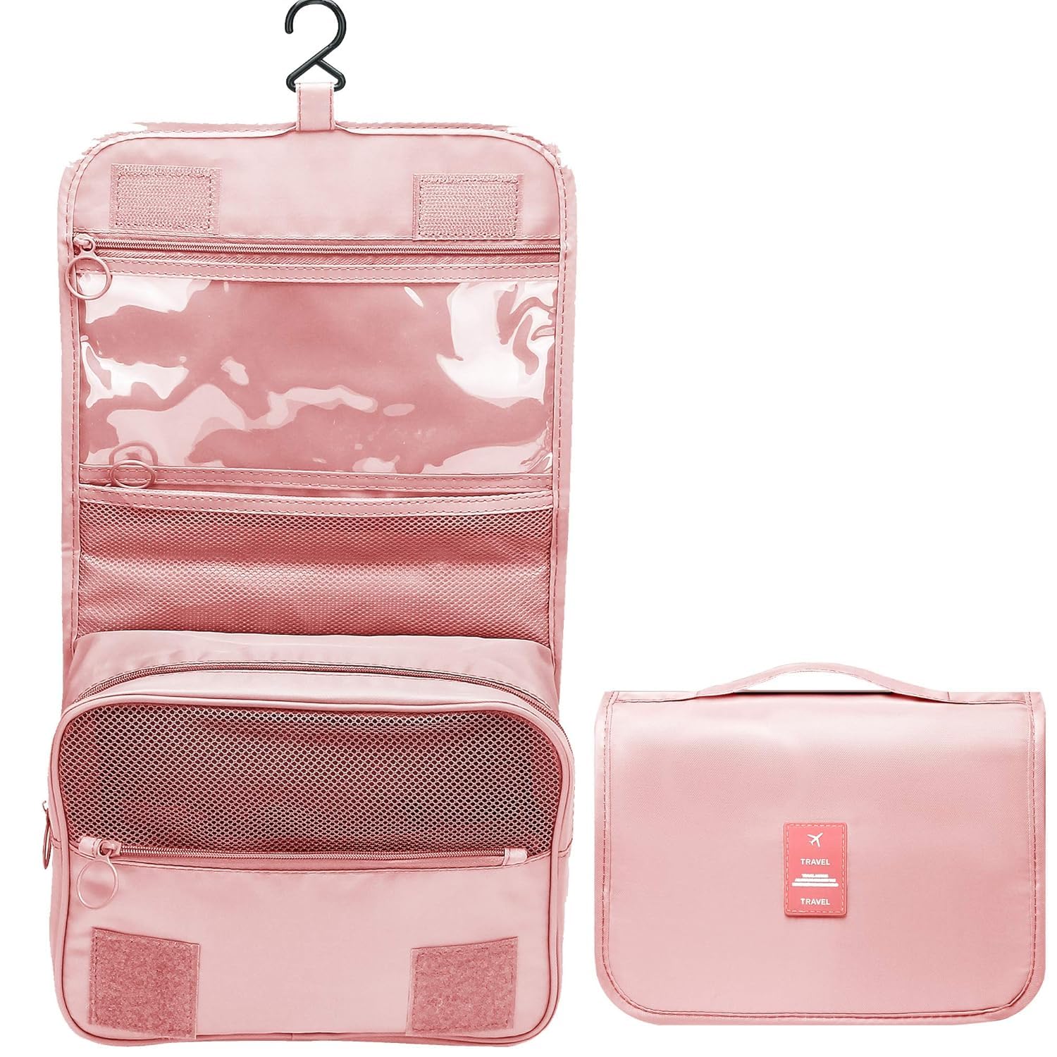 Portable Hanging Makeup Organizer Bag | Water-Resistant Travel Toiletry Kit Pouch for Cosmetics, Skincare & Shaving Accessories | 10-Compartment Folding Vanity Case (Pink)-picture-45