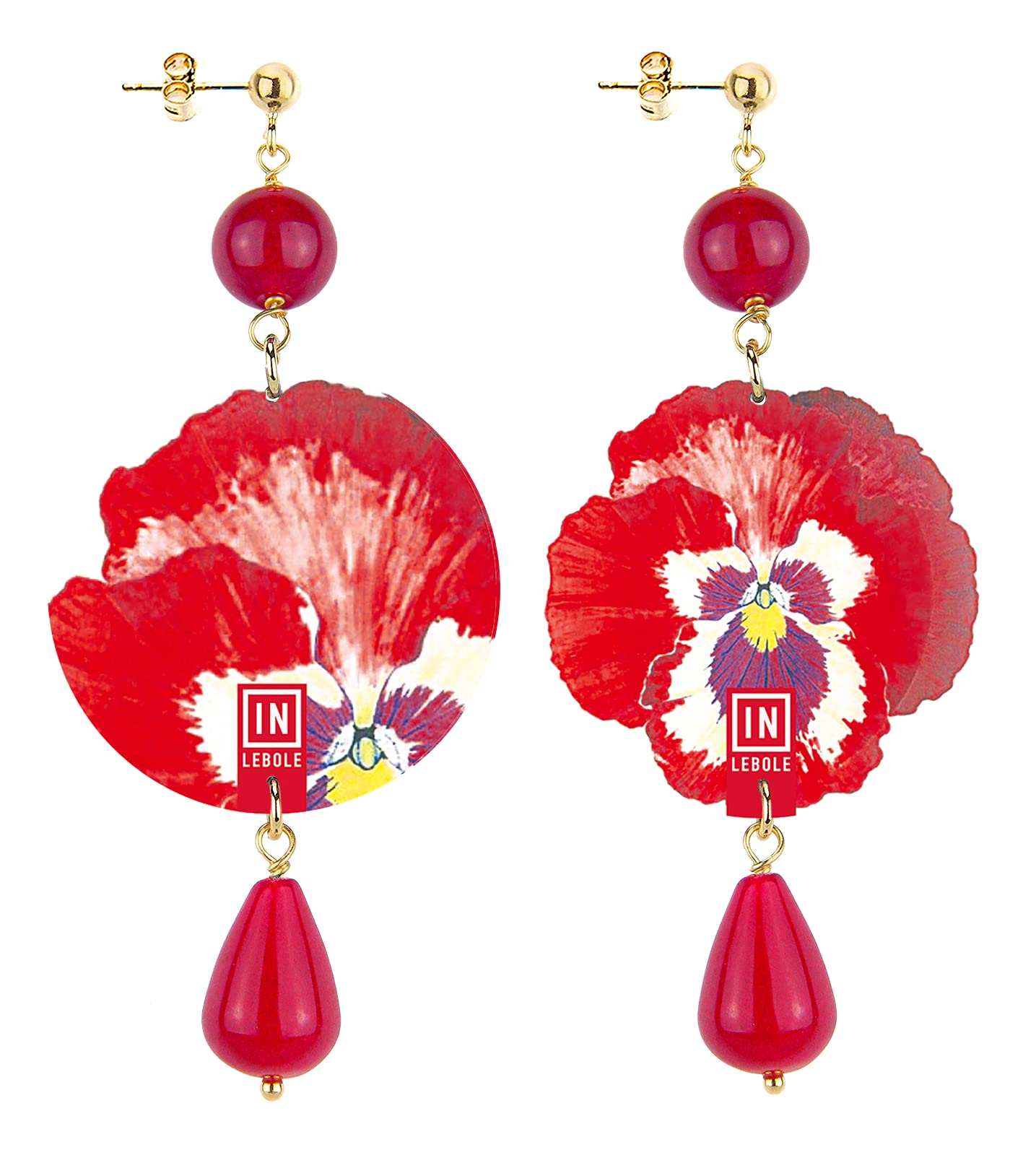 Collezione The Circle Pansé Rossa Fondo Bianco Orecchini da Donna in Ottone Pietra Rubino