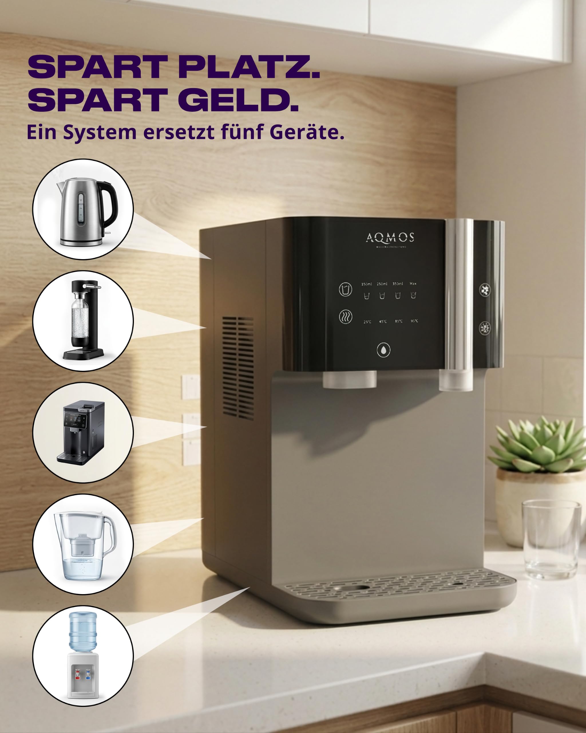Dispensador de Agua Aqmos Drinking Negro – Sistema Premium Todo en uno con Agua con Gas y sin Gas, Caliente y fría (5–95 °C), ósmosis inversa integrada, Control táctil, para Cocina y Oficina