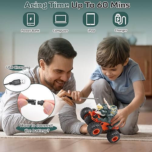 Miniatura 4 de Biupky Auto de dinosaurio a control remoto para niños y niños, camión de dinosaurio RC de 2.4 GHz, juguetes para niños pequeños, juguetes de