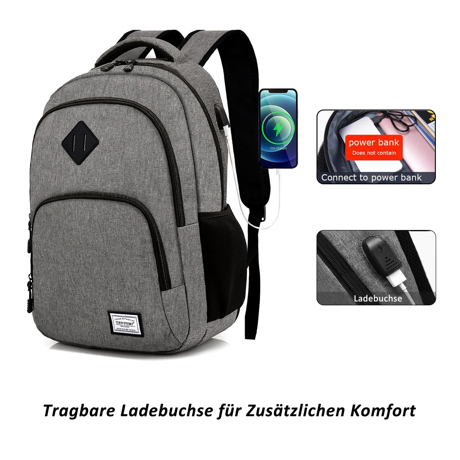 MoFut Zaino da uomo e donna, zaino da viaggio, borsa per la scuola, molti scomparti con scomparto per laptop da 15,6", bagaglio a mano, zaino per studenti, impiegati, viaggi, escursionismo, grigio