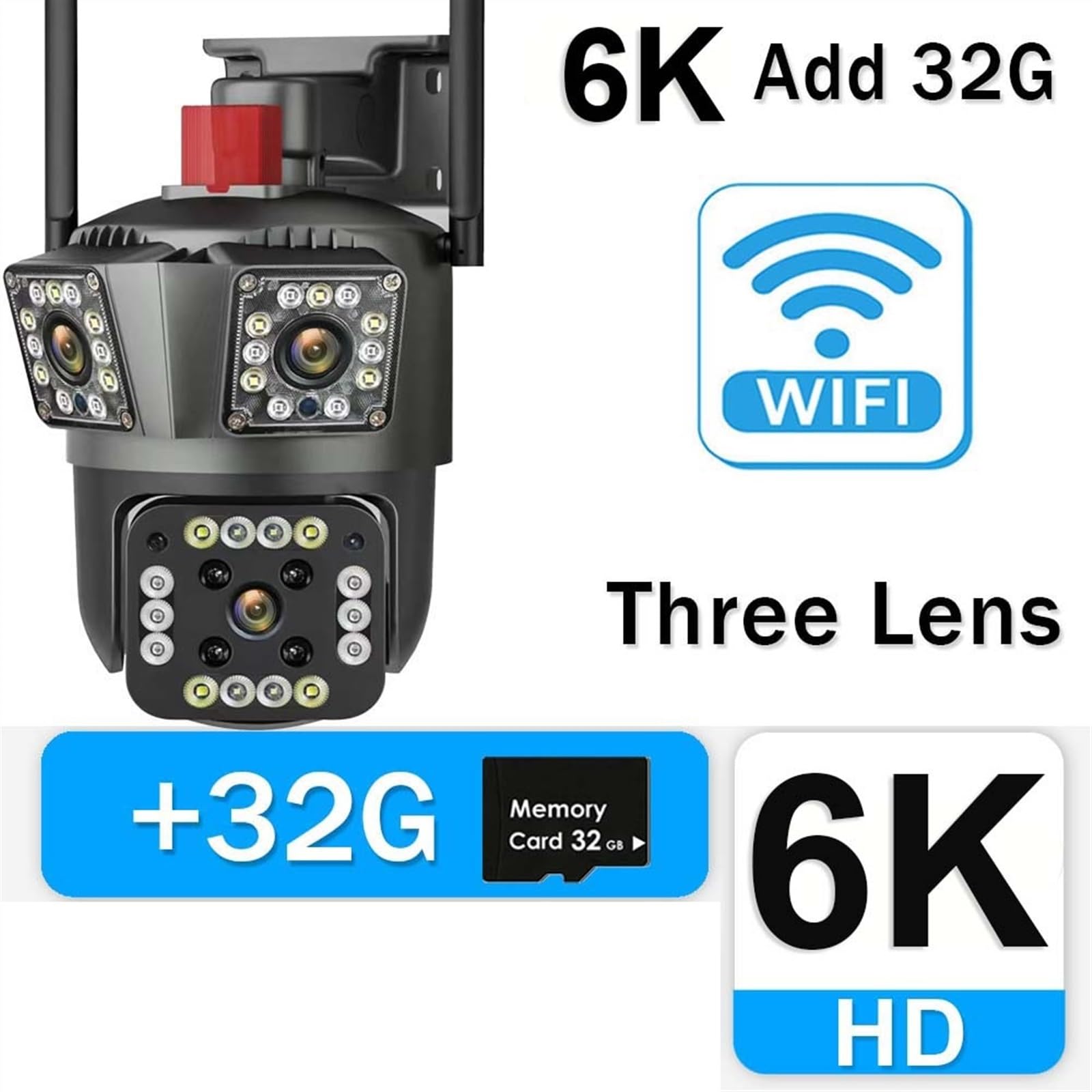 Sistemas de Cámaras, Cámara IP 6K HD con Tres Lentes, Zoom 8X, cámara de Seguridad Exterior PTZ, Seguimiento de Movimiento, cámara IP 4K, de cámara CCTV for hogar intelinte(6K Add 32G)