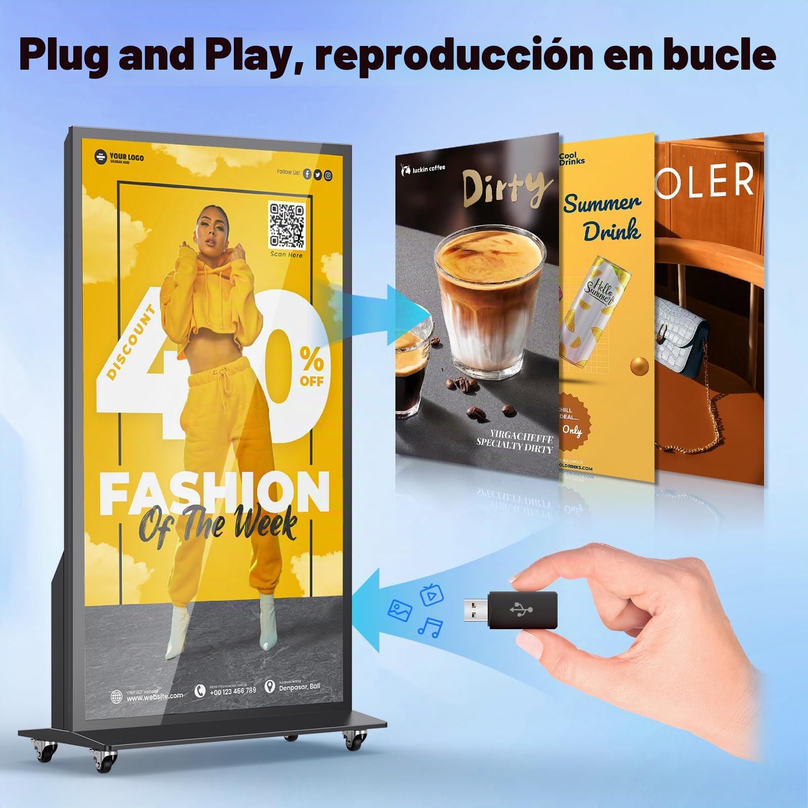 Pantalla Publicidad, LCD Señalización Digital, Automática Monitor Vertical Portátil para Tienda, Restaurante, Centro Comercial, Compatible con USB/WiFi/HDMI, Android OS, 75 Pulgadas