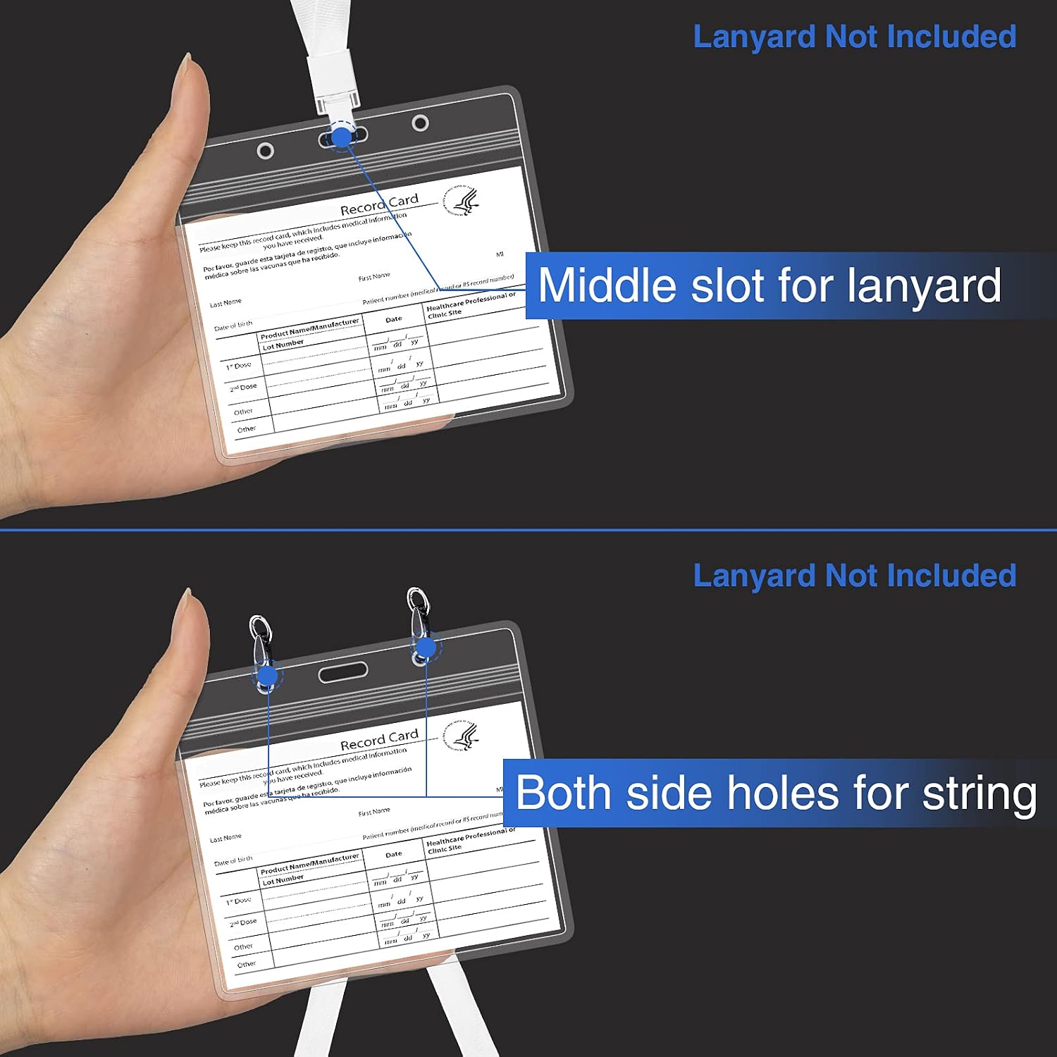 3 Pack Card Protector 4×3 Inch Horizontal Card Sleeve, Sooez Plastic Card Holder with 3 Lanyard Slots 1 Resealable Zip, Durable & Waterproof ID Card Pouch Name Tag Badge Holder