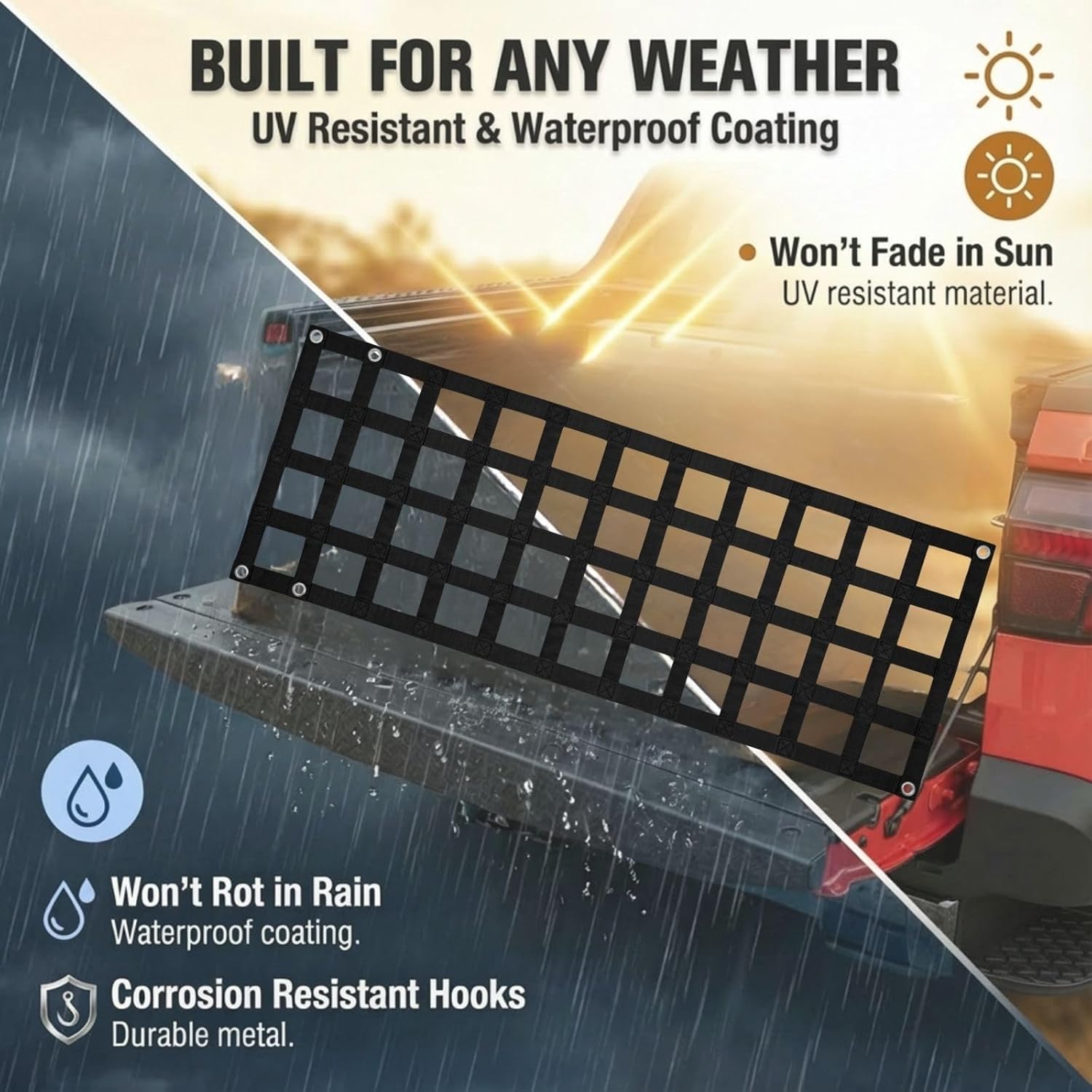 Heavy Duty Tailgate Net for Truck Bed 60'' x 18'' - Made from UV-Resistant Polyester, Complete Accessories - Fit for Full Size Truck, Pickup. Easy-to-use Tailgate Cargo Netting (Black)