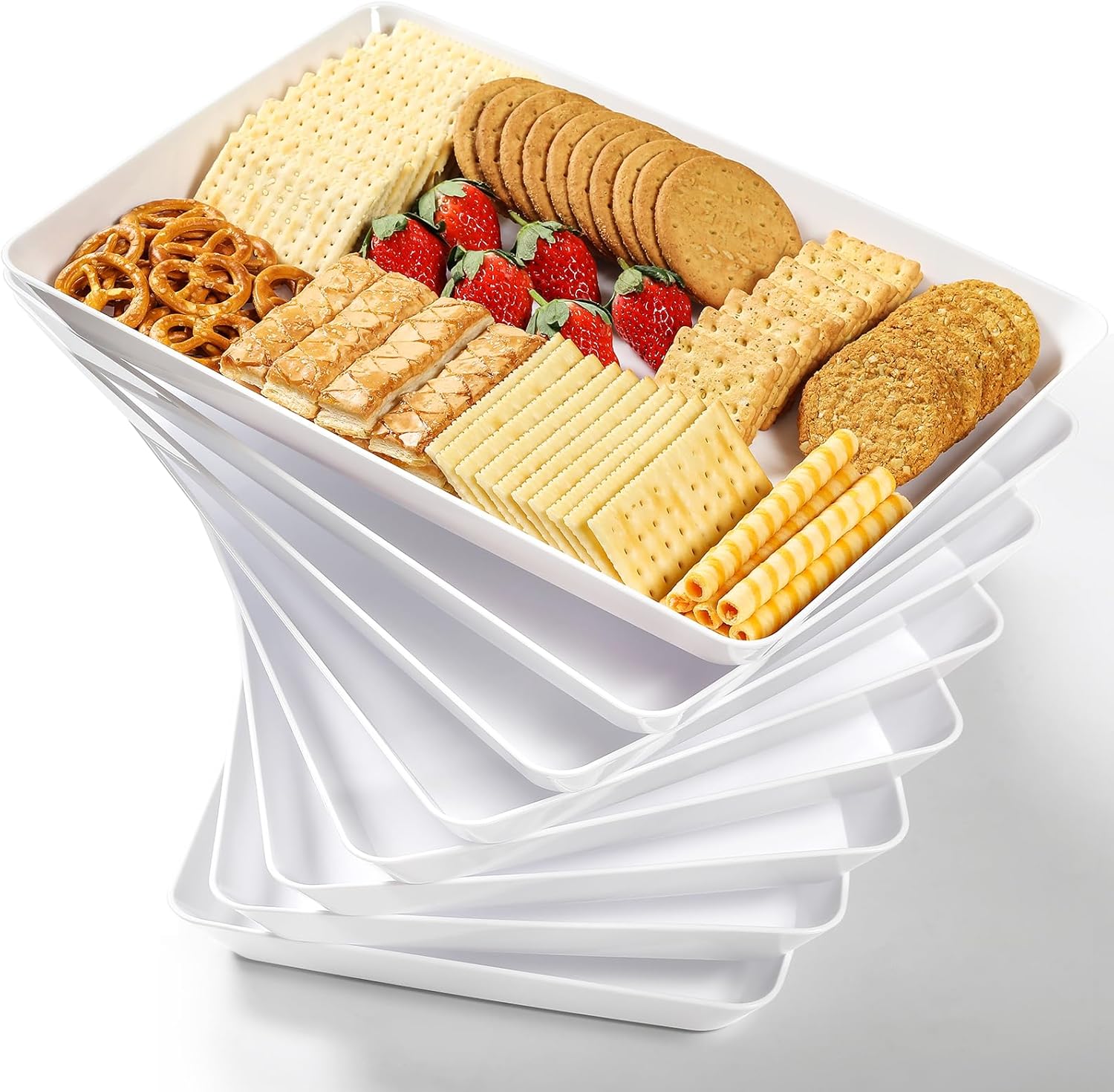 8 Pack, 16" x 11" Large White Serving Trays Set - Reusable Plastic Serving Platters for Cookie, Appetizer, Charcuterie, Snack, Dessert, Party Food Display - Stackable Kitchen CounterTop Tray, BPA Free 8 Pack - 16" x 11"