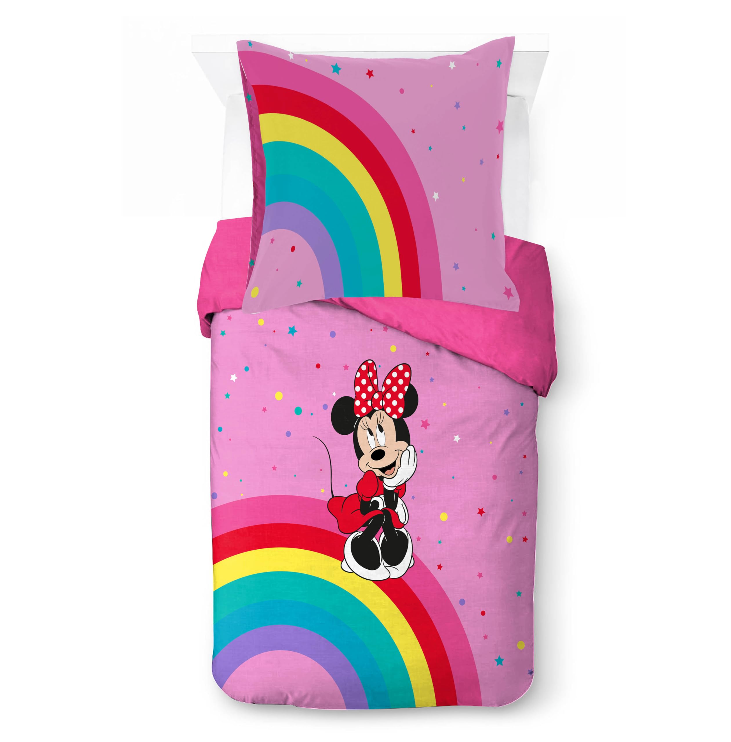 Jay Franco Disney Minnie Mouse Rainbow 100% Baumwolle Einzelbett-Bettbezug-Set – Enthält Kissenbezug 80 x 80 cm