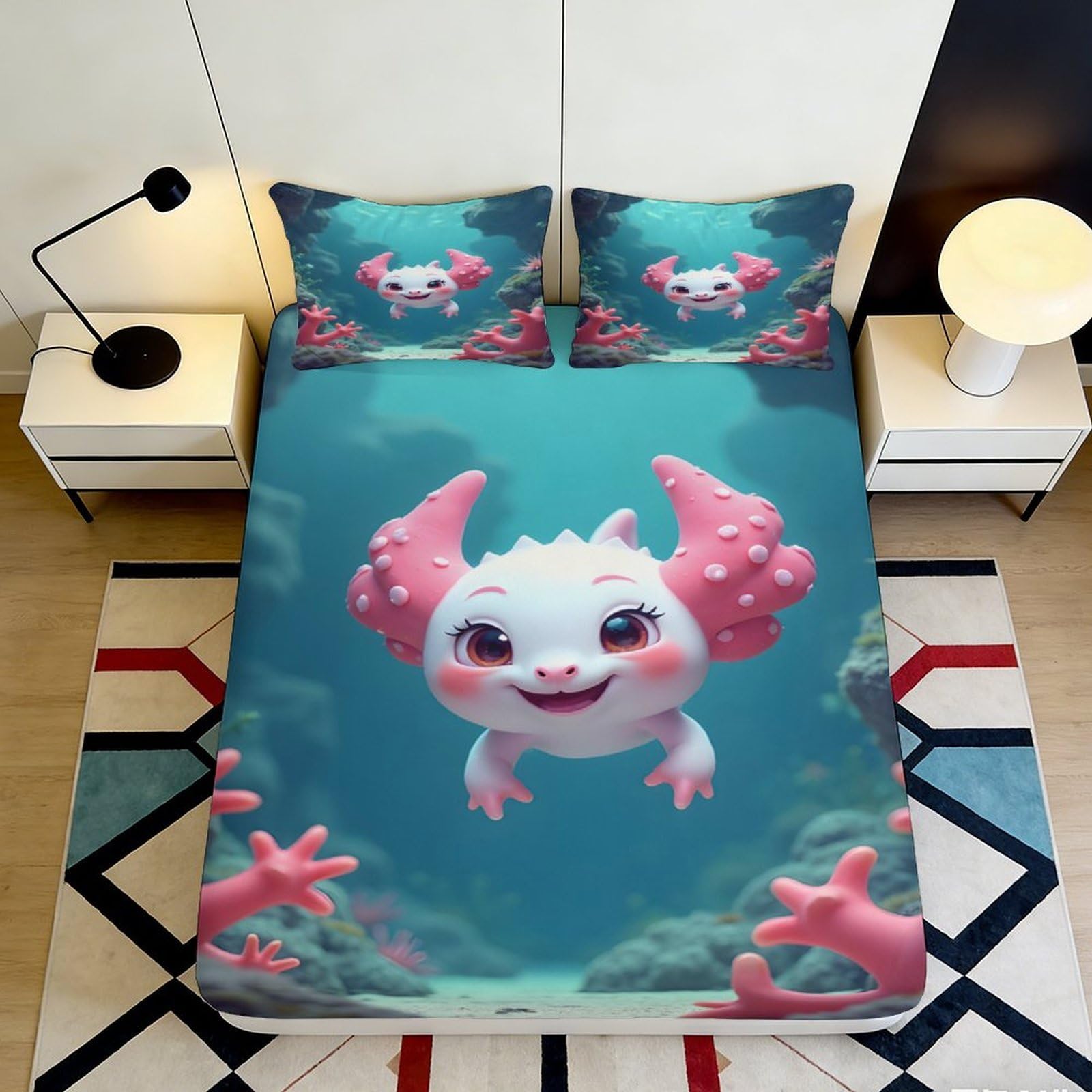 3D Printed Cute Axolotl Fitted Sheet Microfiber Soft Blue Underwater Cartoon Mattress Cover for Bedroom Dorm Decor 90x200x25cm