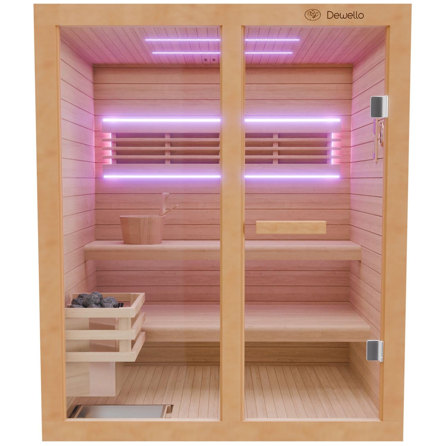 Dewello® Finnische Sauna Tofino 160x150 Kabine aus Hemlock Tannenholz mit 4,5KW HARVIA Ofen 2-3 Personen inkl. Sauna Zubehör