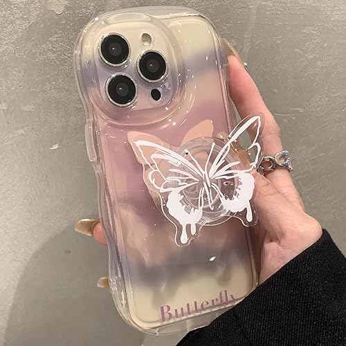 Miniatura 2 de Funda de teléfono con diseño de mariposa para iPhone 11 Pro Max, bonita funda transparente de Corea negra degradada 3D mariposa con soporte de