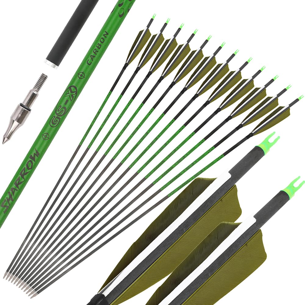 Flèches en Carbone Pur 6/12 pièces 31,5 Pouces, ID 6,2 mm, flèches à Plumes de dindon Naturelles,ompatibles arcs recurve et arcs à poulies pour Chasse et tir sur Cible