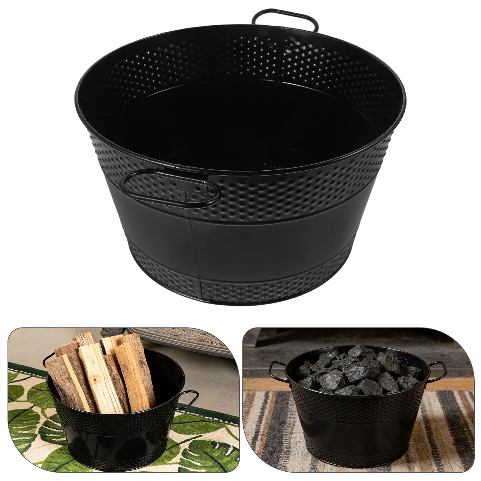 Sosoport Cubo de Almacenamiento de Carbón de Hierro Negro con Asas Dobles, Leñero Metálico para Chimenea Interior, Contenedor para Cenizas y Leña, 33 X 33 X 19 Cm, Soporte Práctico