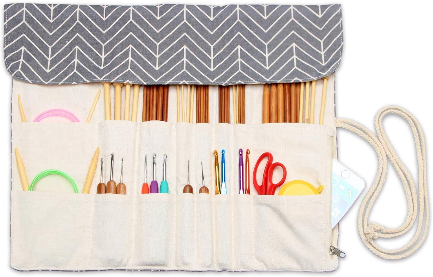 Teamoy Grey Knitting Needle Wrap, Knitting Needle Cases With Slots For Knitting Needles (Up To 14-Inch/35.5Cm), Crochet Hooks, Circular Knitting Needles And Accessories-No Accessories Included,