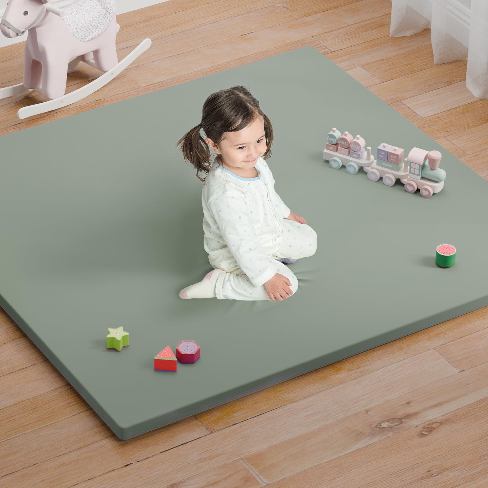 Comehealthy Baby Play Mat for Floor, 50x50 Vegan Leather Playpen Mat, Thickened Foam Cushioned Mat for Infants and Toddlers, Waterproof, Non-Slip & Stylish Playmat for Babies, Easy to Clean, Green