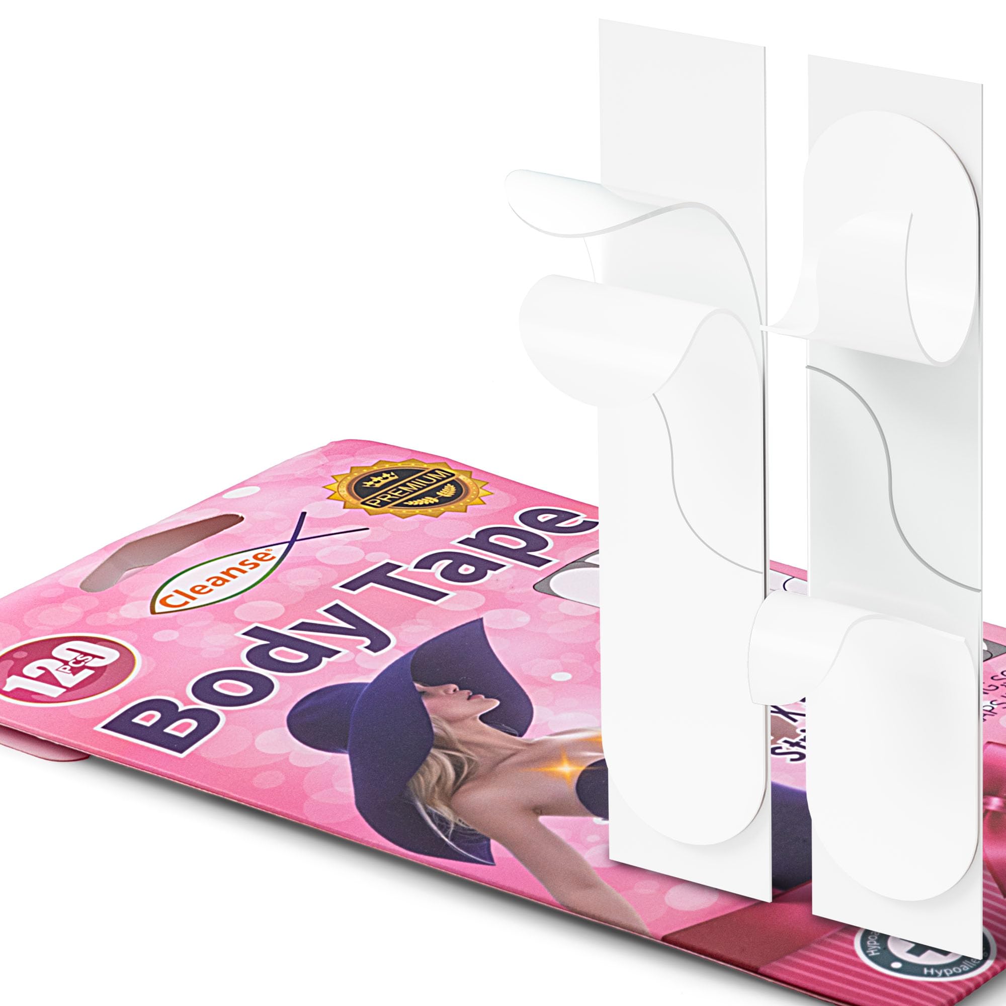 Double Sided Body Tape (120 Pack) & Clothing Fashion Tape - Clear, All-Day Strong Adhesive for All Fabric Types, Gentle on Sensitive Skin, Transparent Color for All Skin Shades, Boob Tape