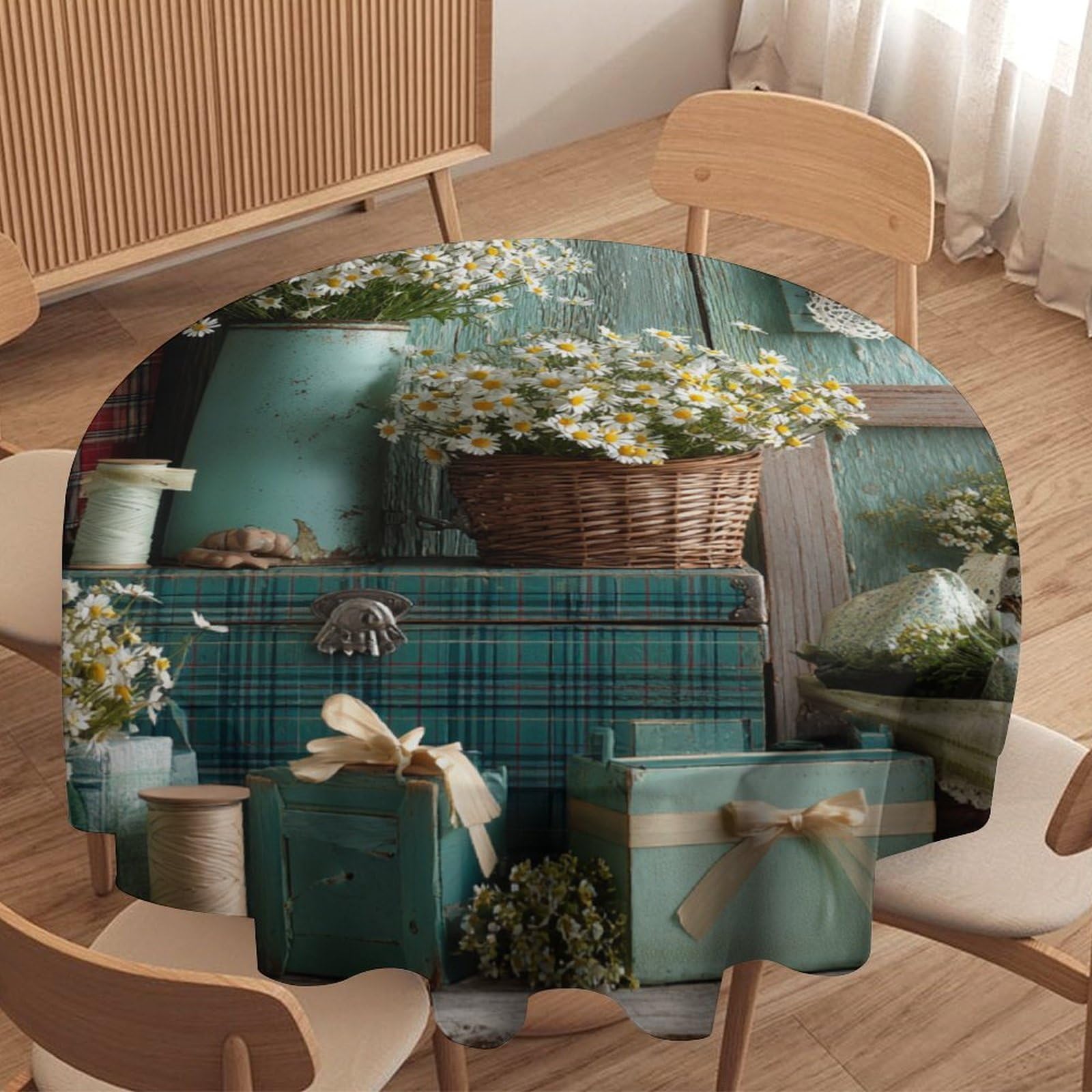 LUYYSKY Retro Abstract Daisy Flowers Waterproof Round Tablecloth Colorful Beautiful Country Farm Farmhouse Daisies Floral Washable Table Cover for Kitchen-127 Wx127 L cm