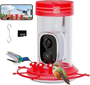Hummingbird Feeder with Camera, Smart Camera with SD Card, Close-Up Bird Watching, Auto Capture Birds & Notify in Time, Ant and Bee Proof Bird Feeder for Outdoors Hanging, 32 Ounces (Red) asin的图片