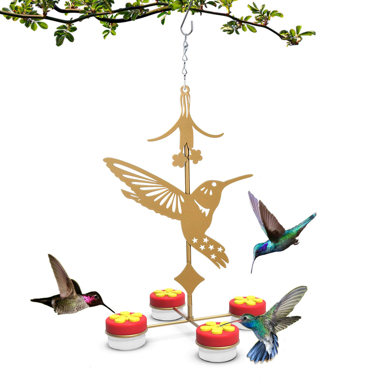 U-pick Hanging Hummingbird Feeders for Outdoors, Red Hand-held Hummingbird Feeder with Clean Brushes (Metal, Gold, Hummingbird)