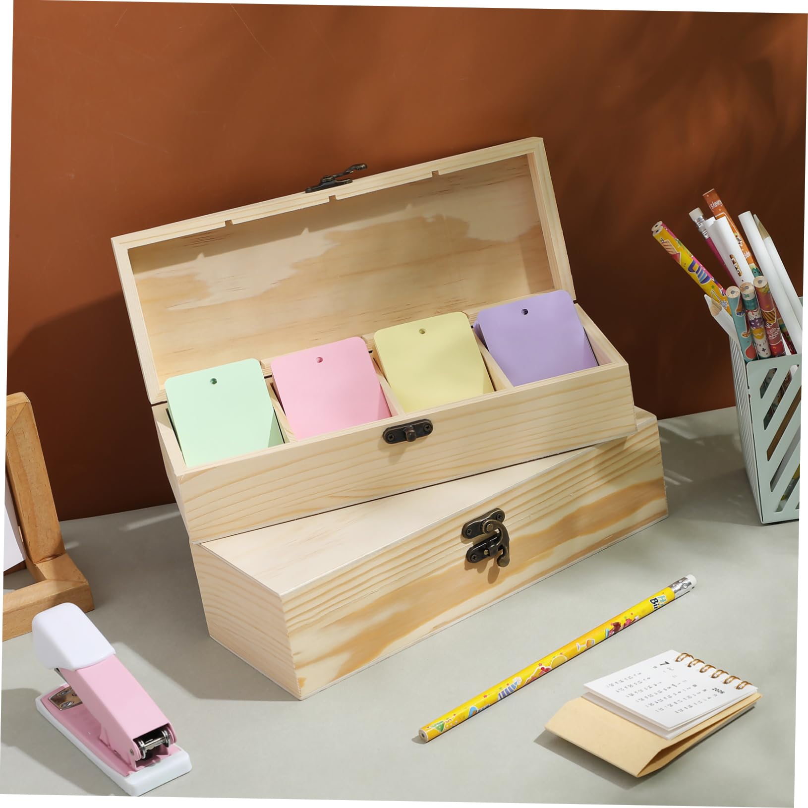 Holzbox mit Klappdeckel 2 Stück 25x9.5x6.5cm Aufbewahrungsbox mit Ablagefächern für Notizen und Karten Geeignet für Büro Schule und Wohnraum