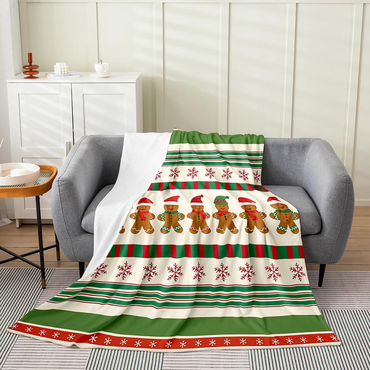Coperta natalizia in pile a tema natalizio, coperta in flanella con fiocco di neve, per letto, divano, sedia, soggiorno, zenzero, caramelle, uomo, matrimoniale, 152 x 200 cm, verde e rosso