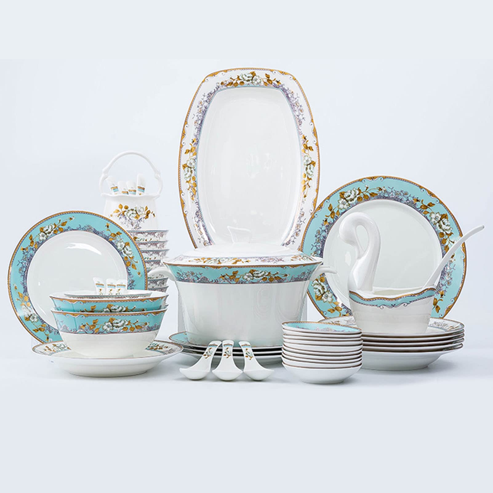 Zestaw Obiadowy, 60-Częściowy Zestaw Naczyń Obiadowych Z Porcelany Kostnej Dla 10 Osób, Komplet Obiadowy, Elegancka Zastawa Stołowa, Można Myć W Zmywarce, Seria Kwiatowa