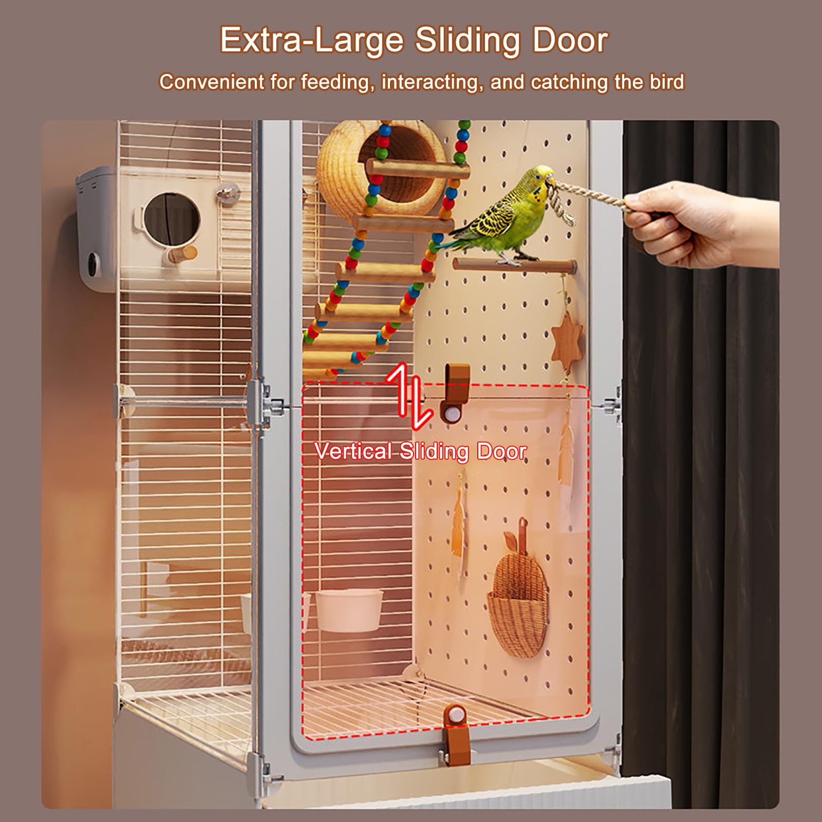 Jaula Grande para Pájaros con Ruedas y Bandeja Extraíble, Pajarera Interior para Periquitos Ninfas Agapornis Canarios y Pájaros Pequeños con Ventanas Transparentes S
