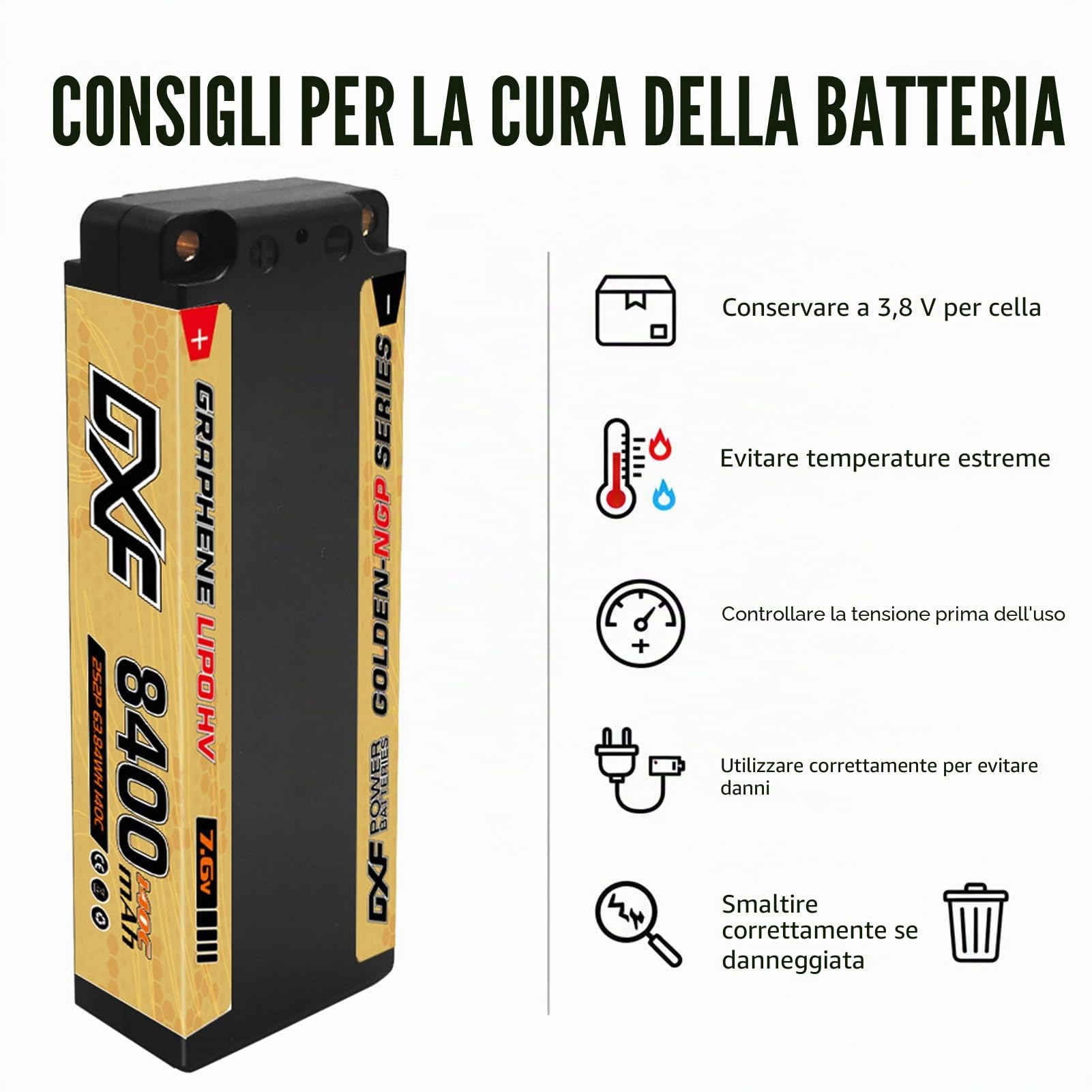 DXF Batteria LiPo 2S 7.6V 8400mAh 140C HV Spina Deans T Bullet 5mm EFRA Auto RC 1/8 1/10 Truck Buggy Touring Car Compatta Leggera Potente Gare Racing Corse Modellismo 2 Pezzi