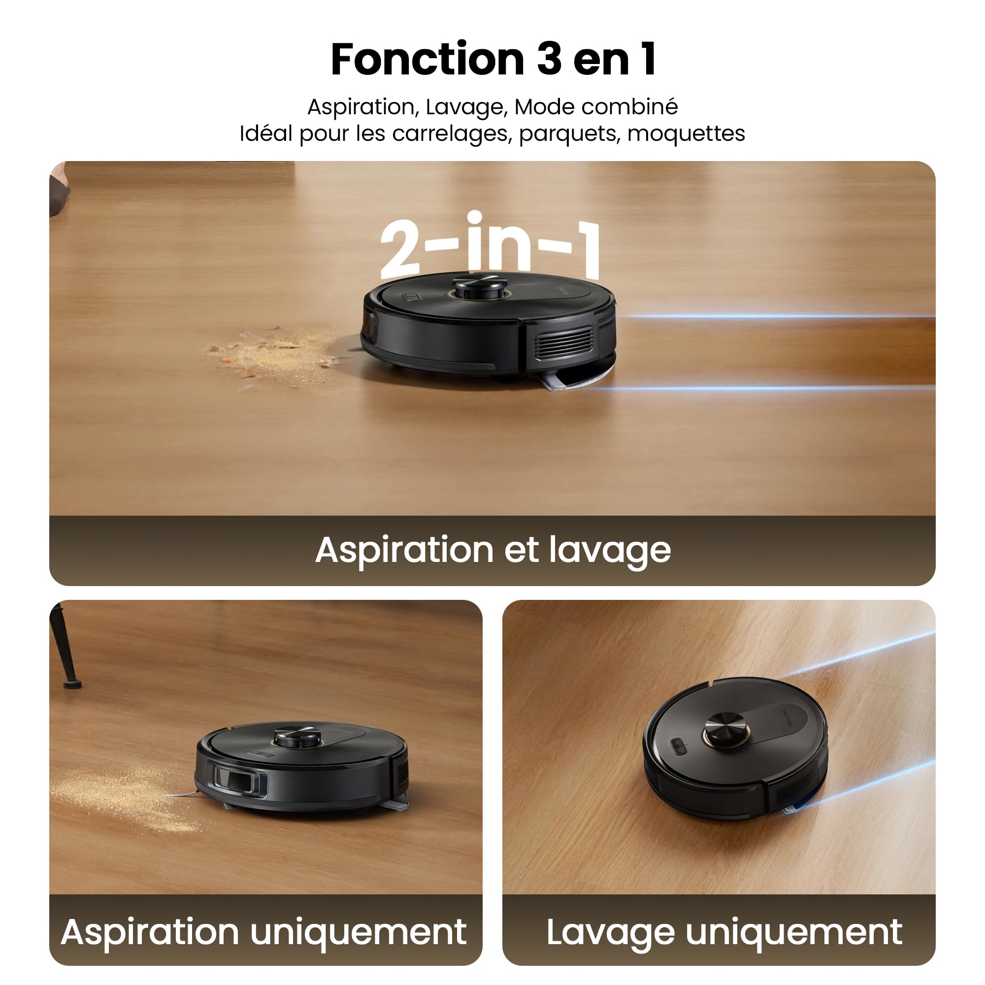 Proscenic Q20 Plus Robot Aspirateur Laveur 10000Pa avec Station Sans Sac Vidage Automatique,200Min Aspirateur Robot et Serpillière,Nav Lidar Cartographie,Évitement d'obstacles,Pour Poils Animaux Tapis