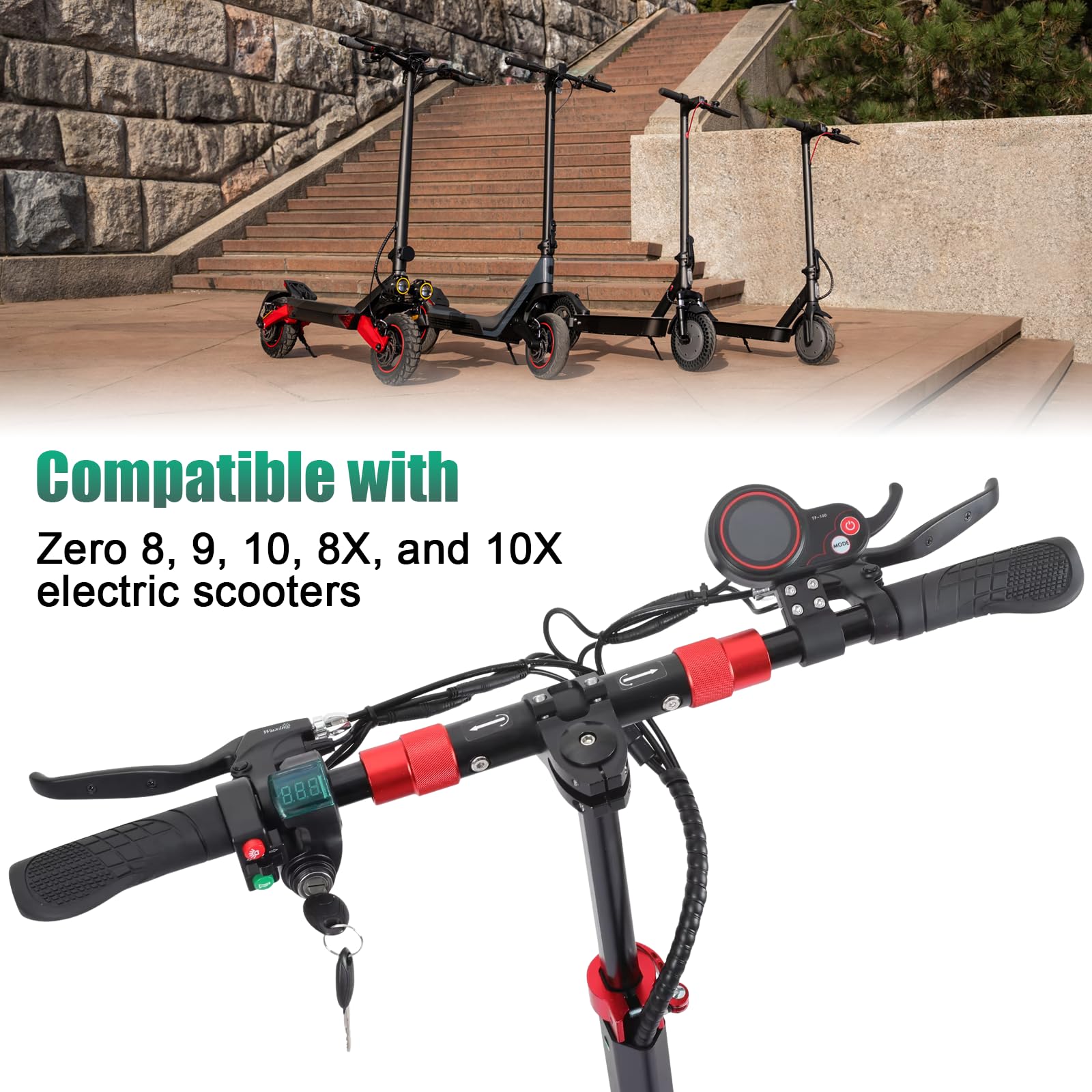 QS-S4 36V-60V Accélérateur pouce avec écran LCD et clé de verrouillage d'allumage compatible et adapté pour les scooters électriques Zero 8, 9, 10, 8X, 10X - Affichage 6 broches Pièces de