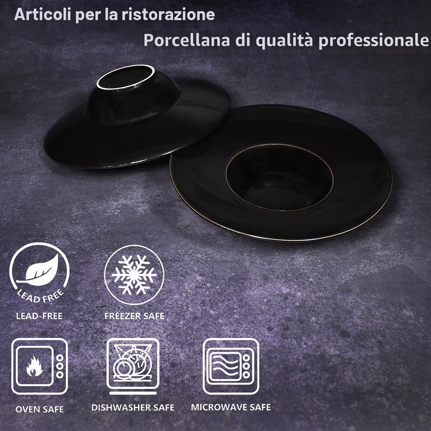 Ciotole da zuppa, piatti fondi, piatti per pasta da 150 ml, set da 4 pezzi, nero, piatto piatto piatto in porcellana con bordo e bordo, miglior regalo (nero 21,5 cm)