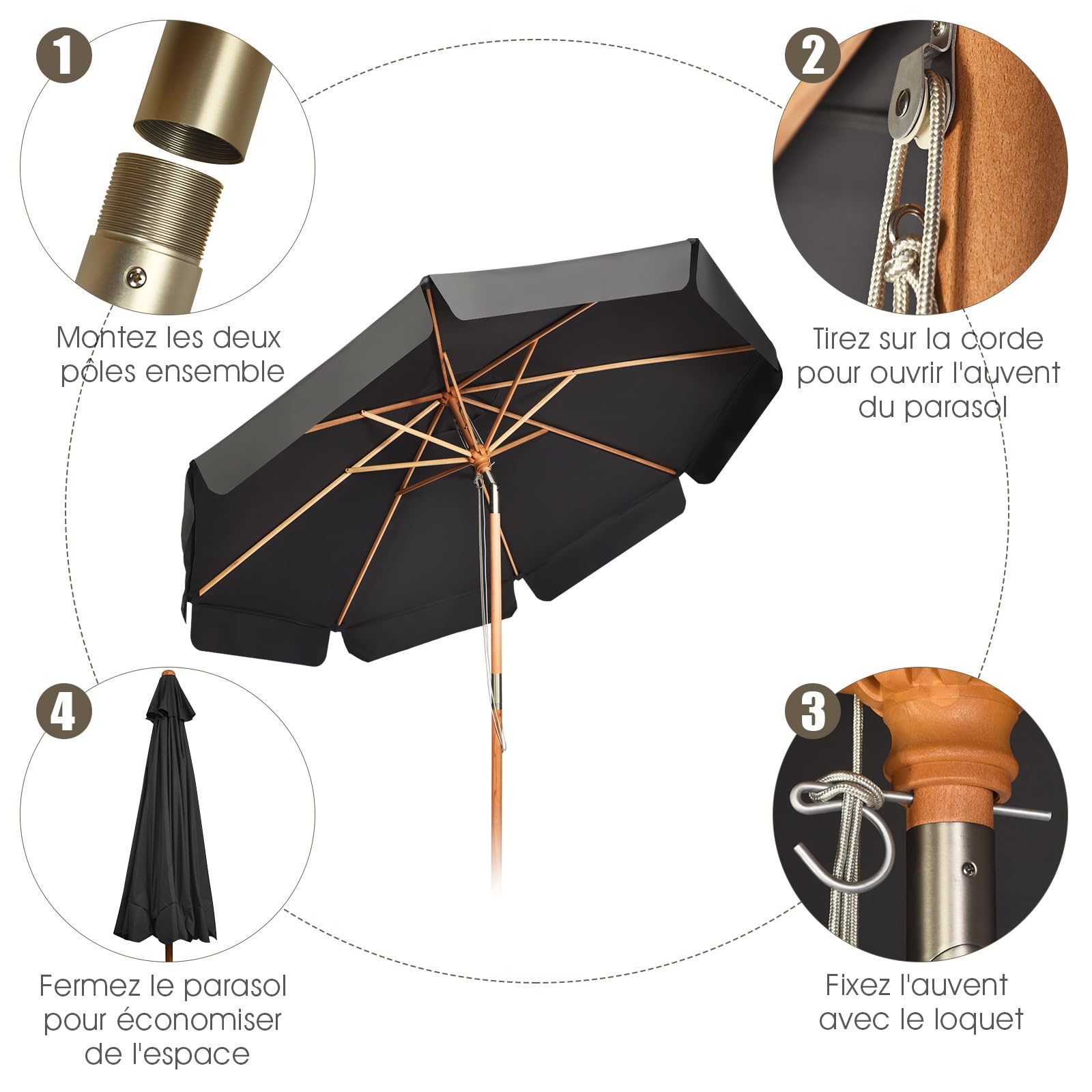 GOPLUS Parasol de Jardin Exterieur 3x3M, Parasol Inclinable de Balcon avec 8 Baleines en Bois, Tissu Anti-UV, avec Lambrequin pour Terrasse Patio Restaurant (Gris)