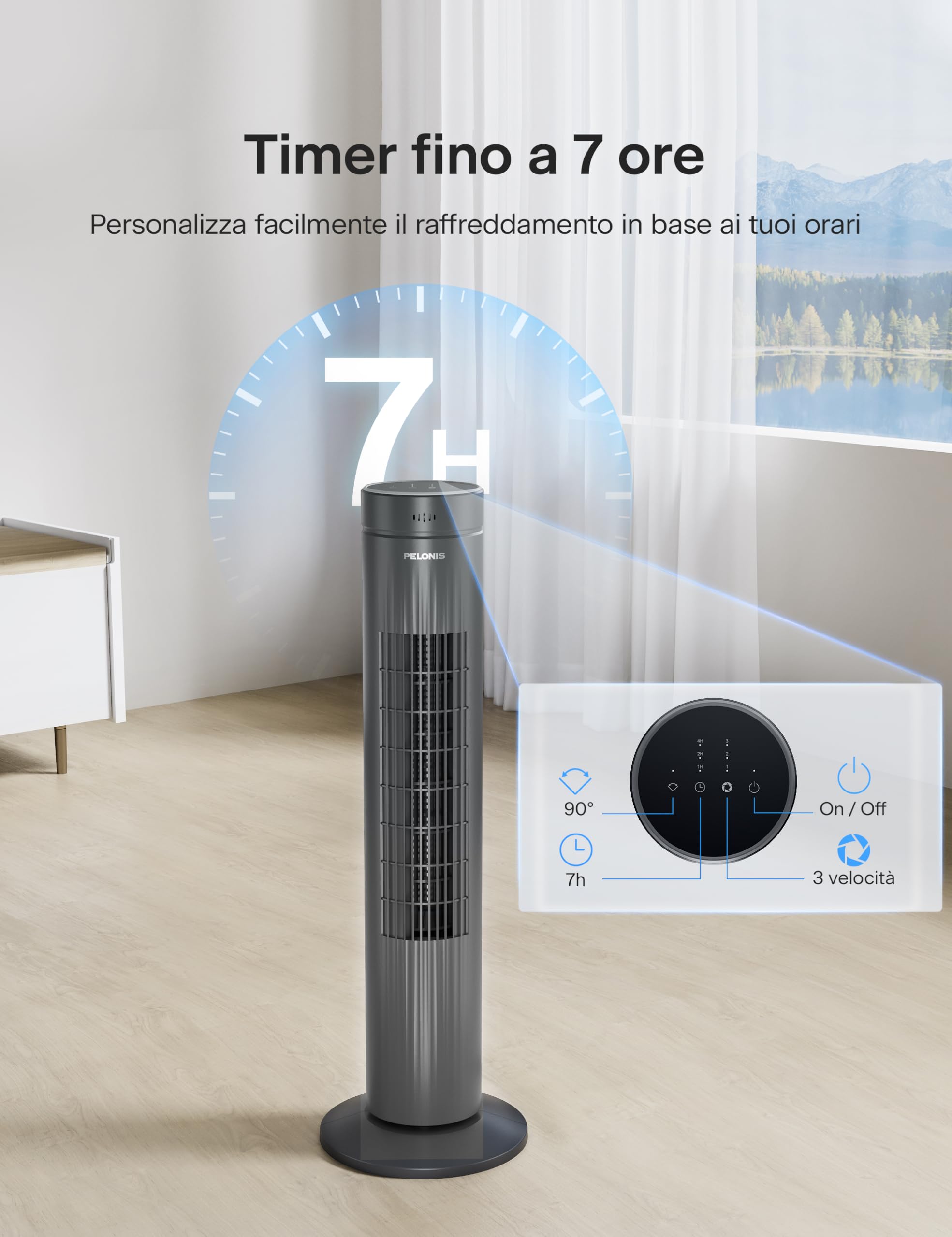 PELONIS 76CM Ventilatore a Torre con Telecomando, 3 Velocità Regolabili, Ventilatore a Colonna Raffreddamento Ultra-Silenzioso, Timer di 7 Ore, Perfetto per Casa, Ufficio e Camera da Letto