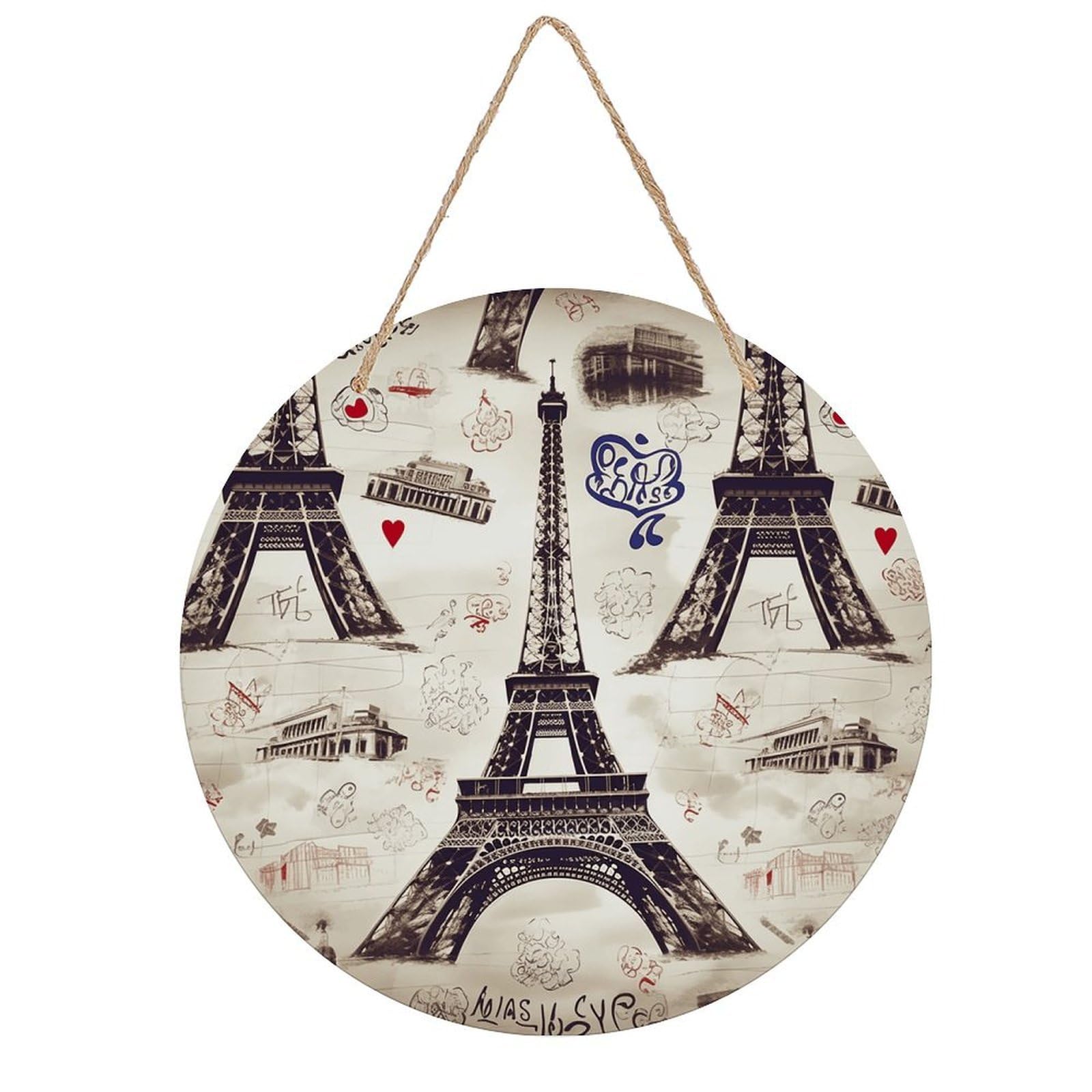 VstaDank French Paris Tour Eiffel Tower Wooden Wall Art Decor Round Wood Plaque Wooden Door Hanger Sign with Hole And Hanger Rope Trend Wood Decorative Paintings for Home Outdoor Indoor 7.87 Inch