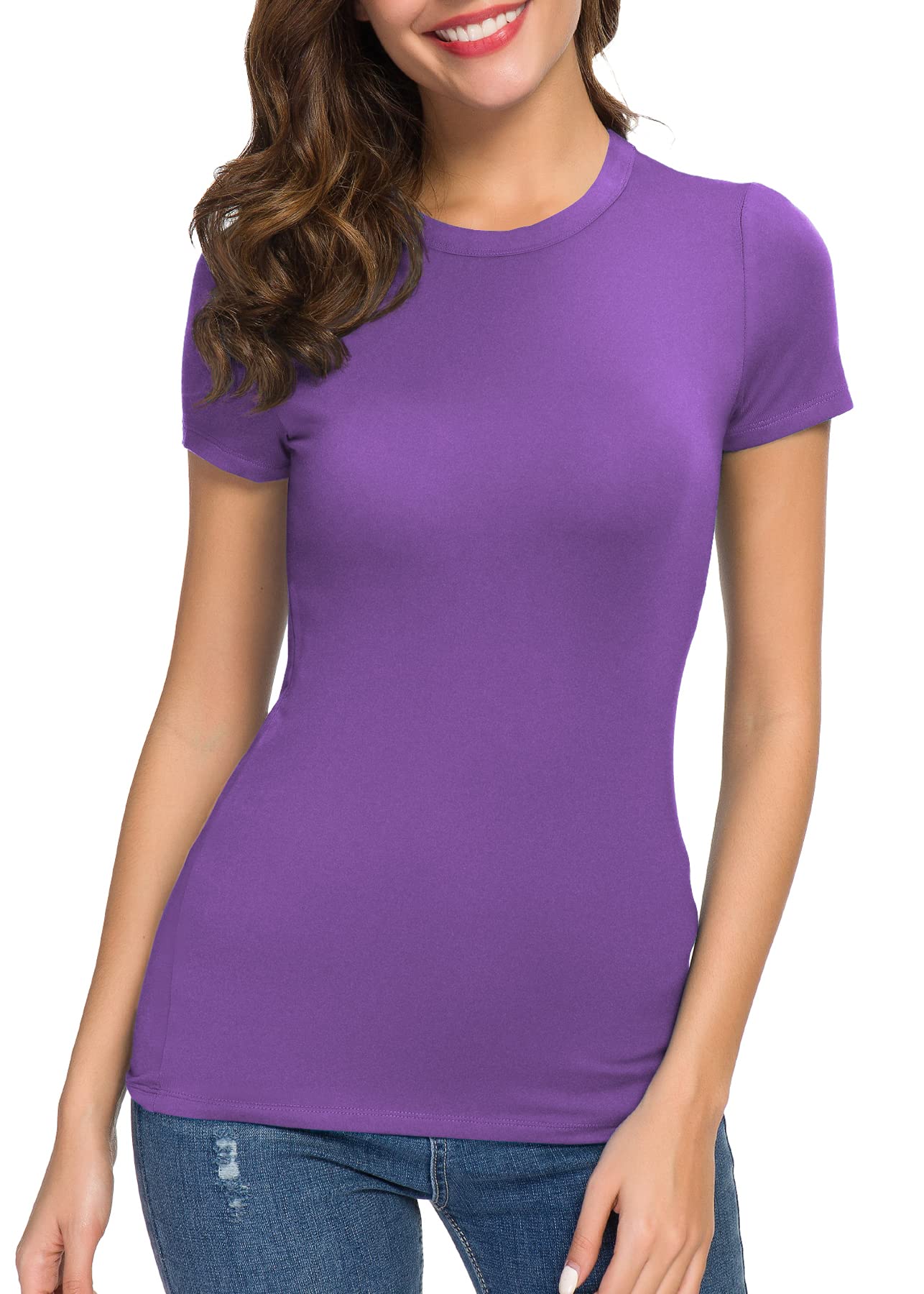 Women's Crewneck Slim Fitted Short Sleeve T-Shirt Stretchy Bodycon Basic Tee Tops