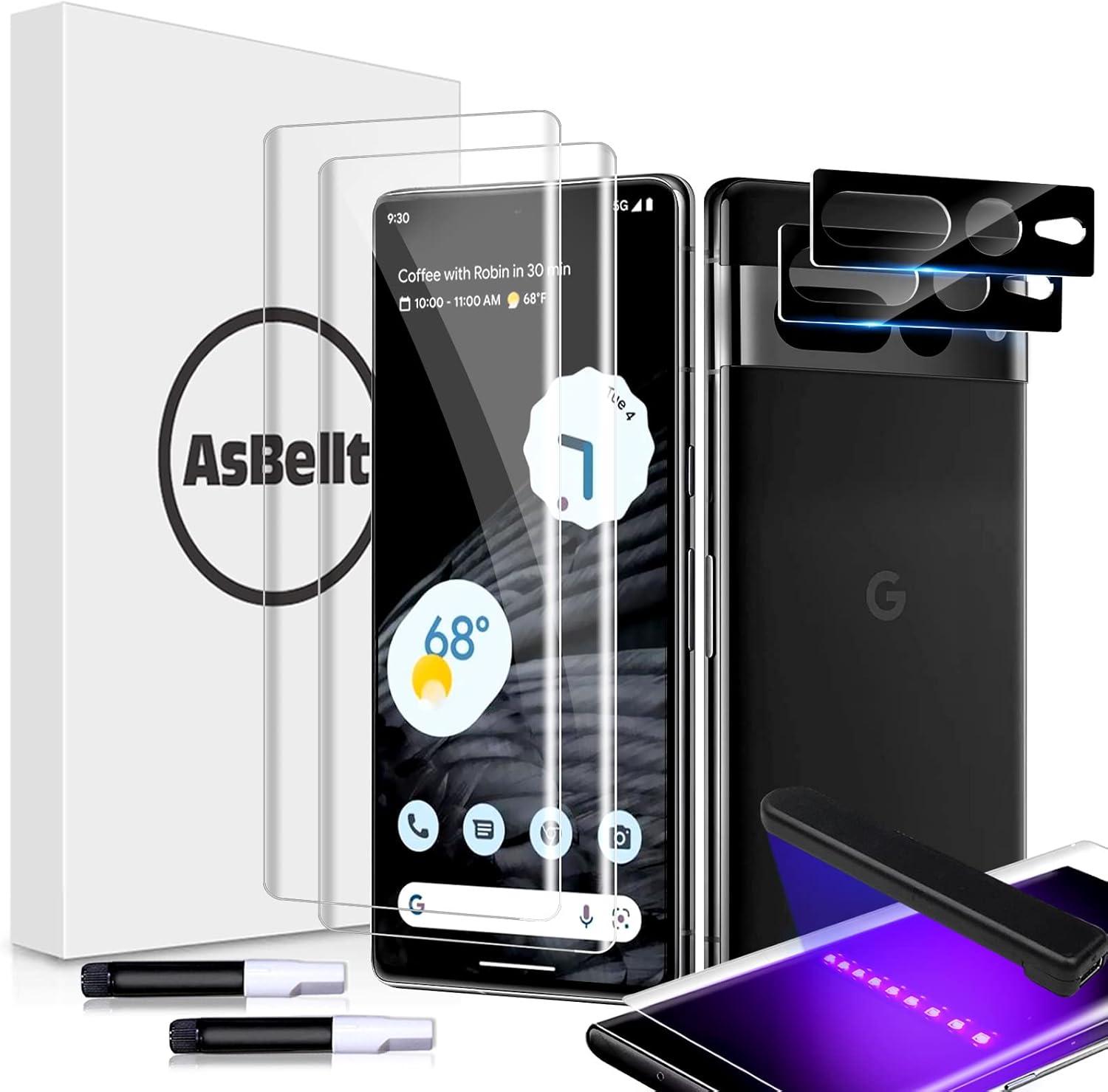 AsBellt 2pcs Screen Protector for Google Pixel 7 Pro (UV Glue) Tempered