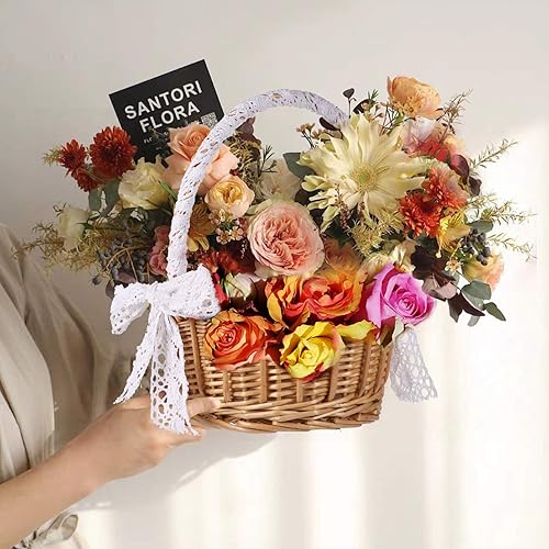 Vista 9 de Cabilock Cesta tejida de 11 pulgadas con asa de encaje, cesta rústica hecha a mano para ceremonias, arreglo floral bohemio vintage y almacenamiento