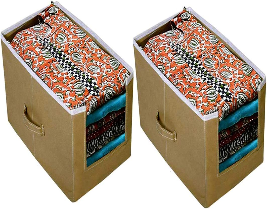ARVANA Kurtis Organizer for Wardrobe/Closet Storage Box and Clothing Organiser for Women/Girls Clothes, Non - Woven - Set of 2, Beige