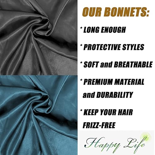 Miniatura 4 de 2 gorros para el cabello para mujer, de satén, banda elástica suave, gorro de dormir sedoso, gorro grande para mujer, gorro para trenzas (negro +
