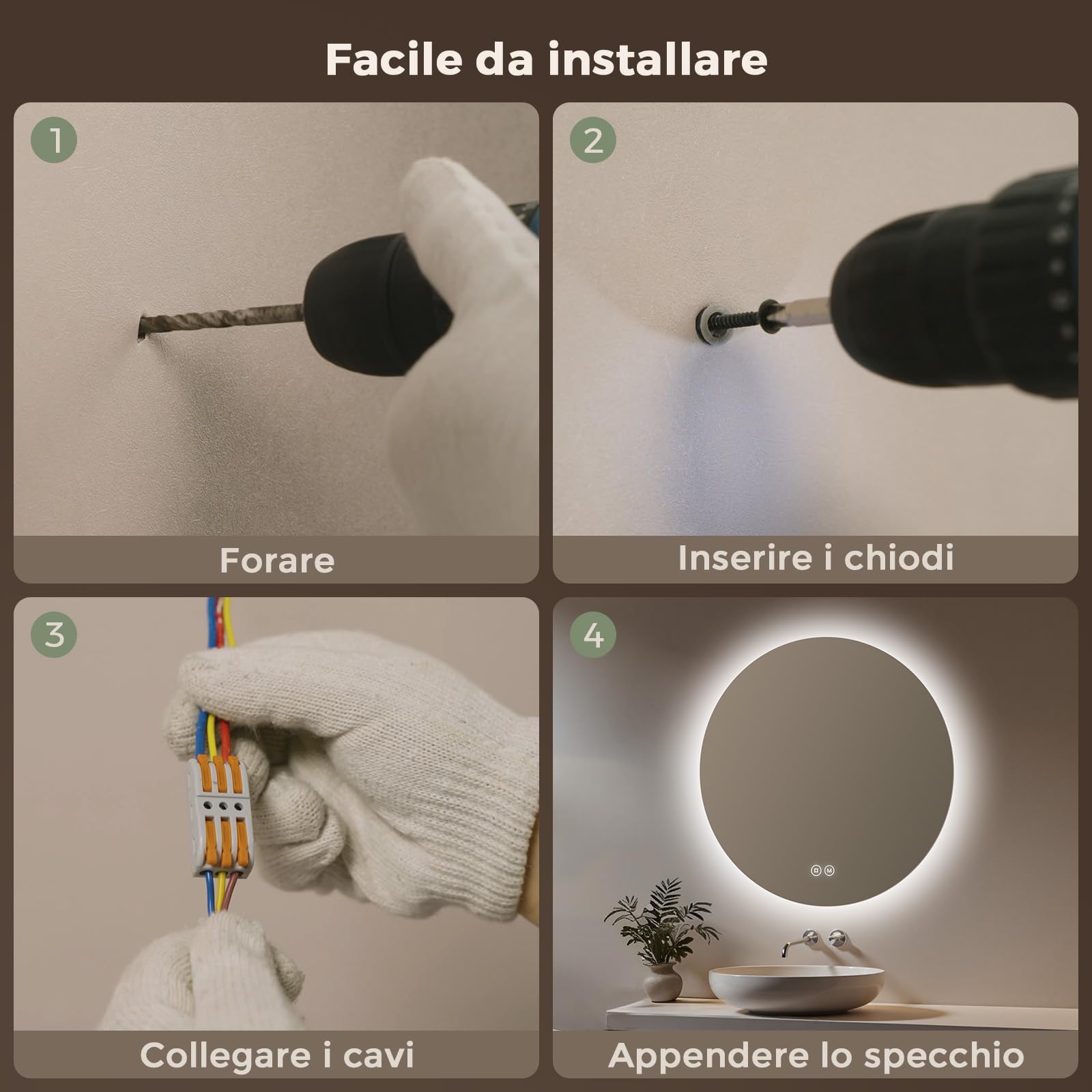 S'AFIELINA Specchio da bagno con illuminazione rotondo, 80cm, specchio LED con interruttore touch, specchio da bagno rotondo con 3 temperature di colore (caldo, neutro, freddo), dimmerabile