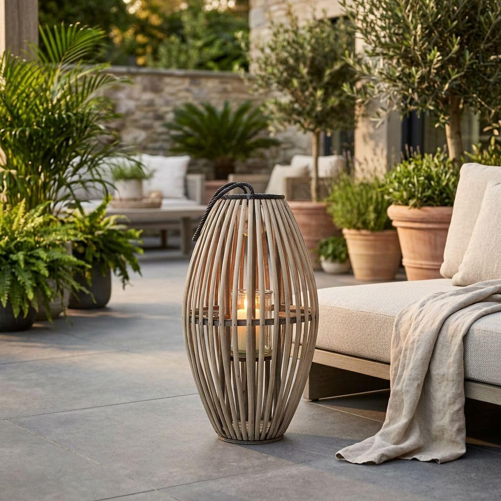 Milani Home - lanterna in vimini e vetro grigia, portacandela e portafiori, per portico e giardino