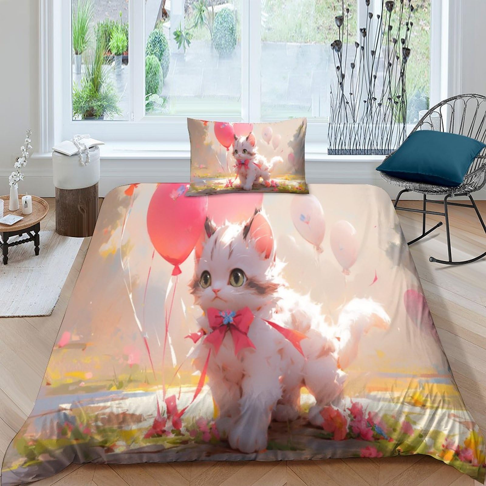 Housse de couette chatons 3D parure de lit infroissable en microfibre douce single 135x200