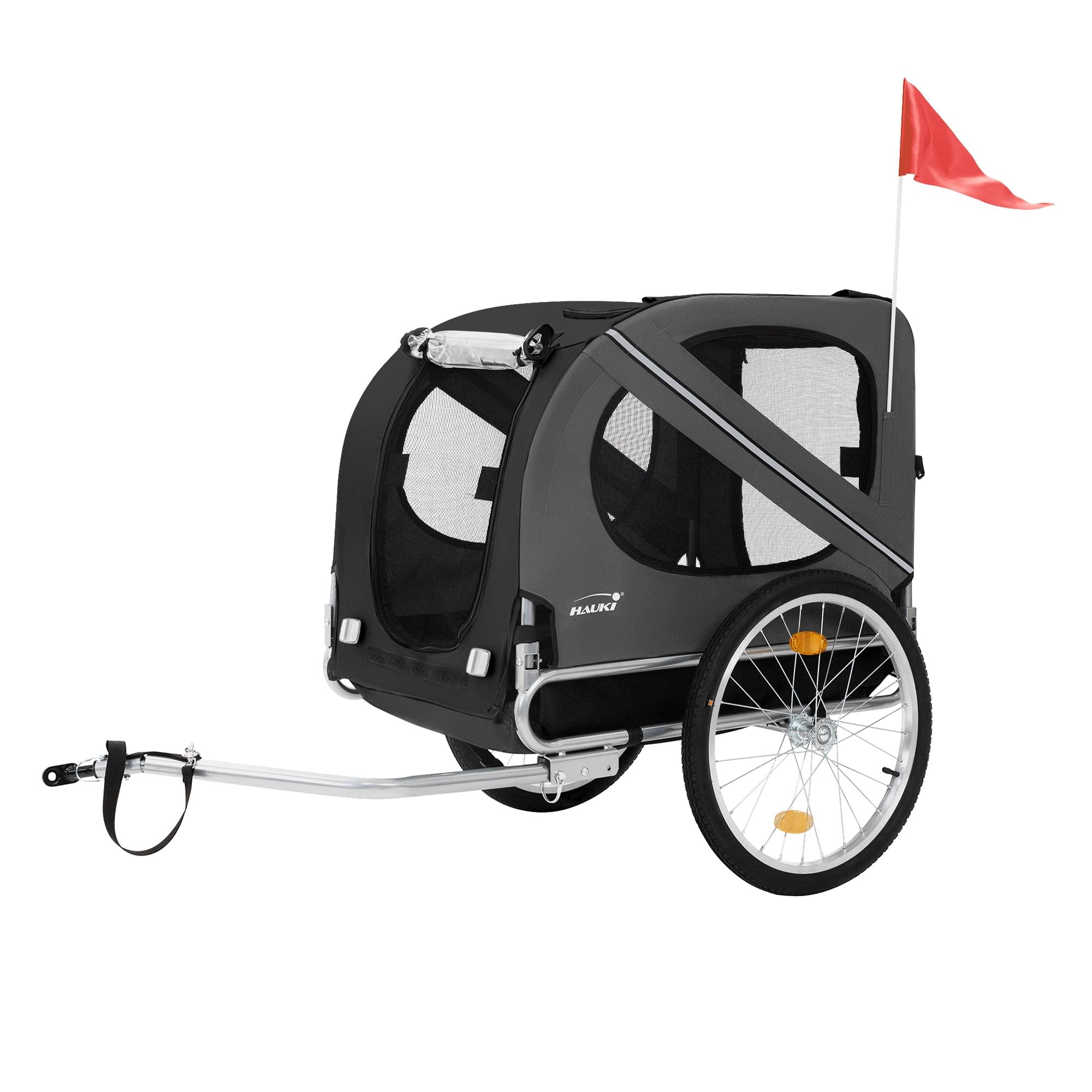Hauki Fahrradanhänger & Hundebuggy 2in1 klappbar, Schwarz-Grau, 130x72x90 cm, Hundeanhänger für Hunde bis 40kg, Anhänger mit Reflektoren/Leine/Flagge,