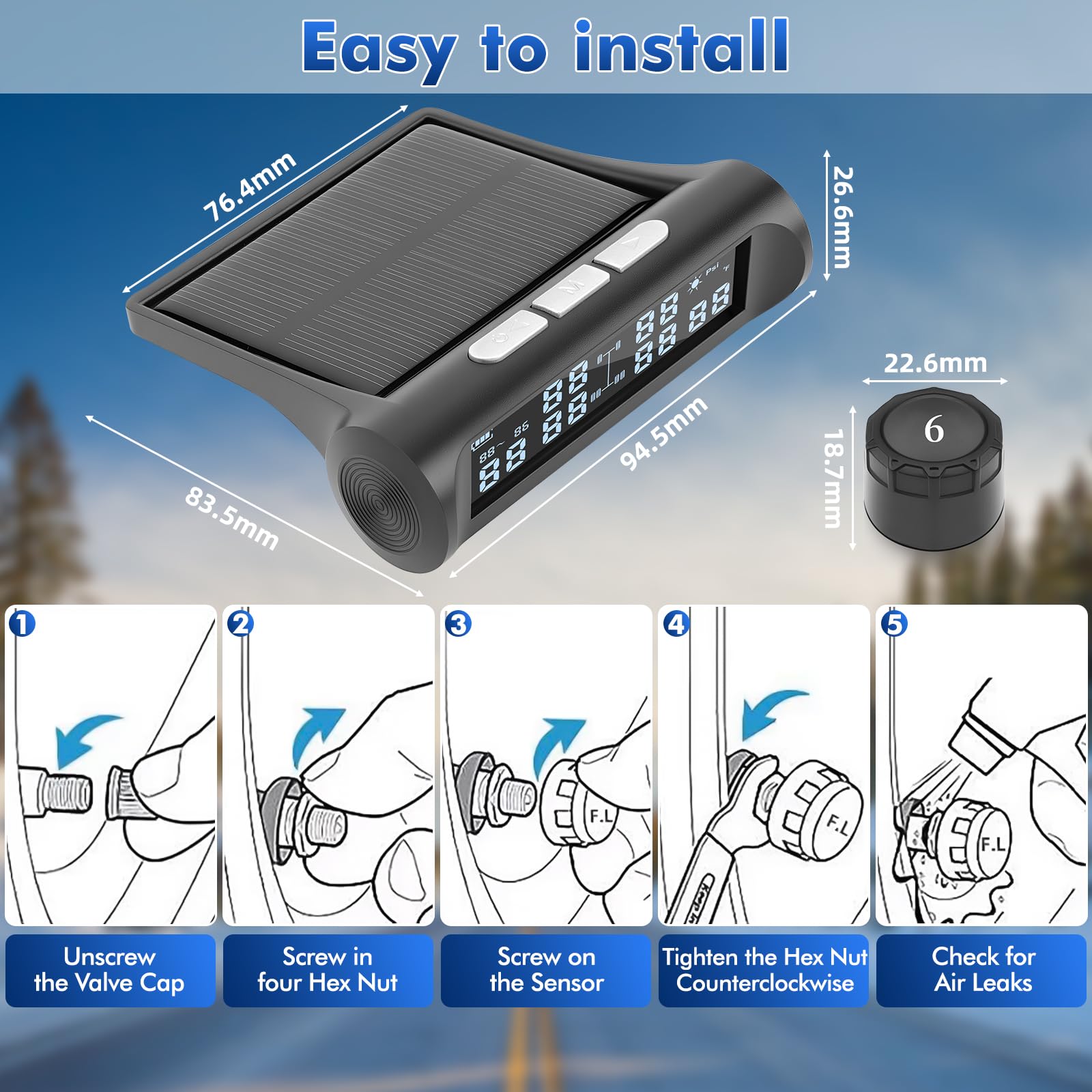 TPMS 9,9bar(144psi) Sistema di Controllo della Pressione dei Pneumatici con 6 Sensori Esterni, Ricarica Solare e USB, 6 Gomme modalità di Allarme per Camion, Roulotte