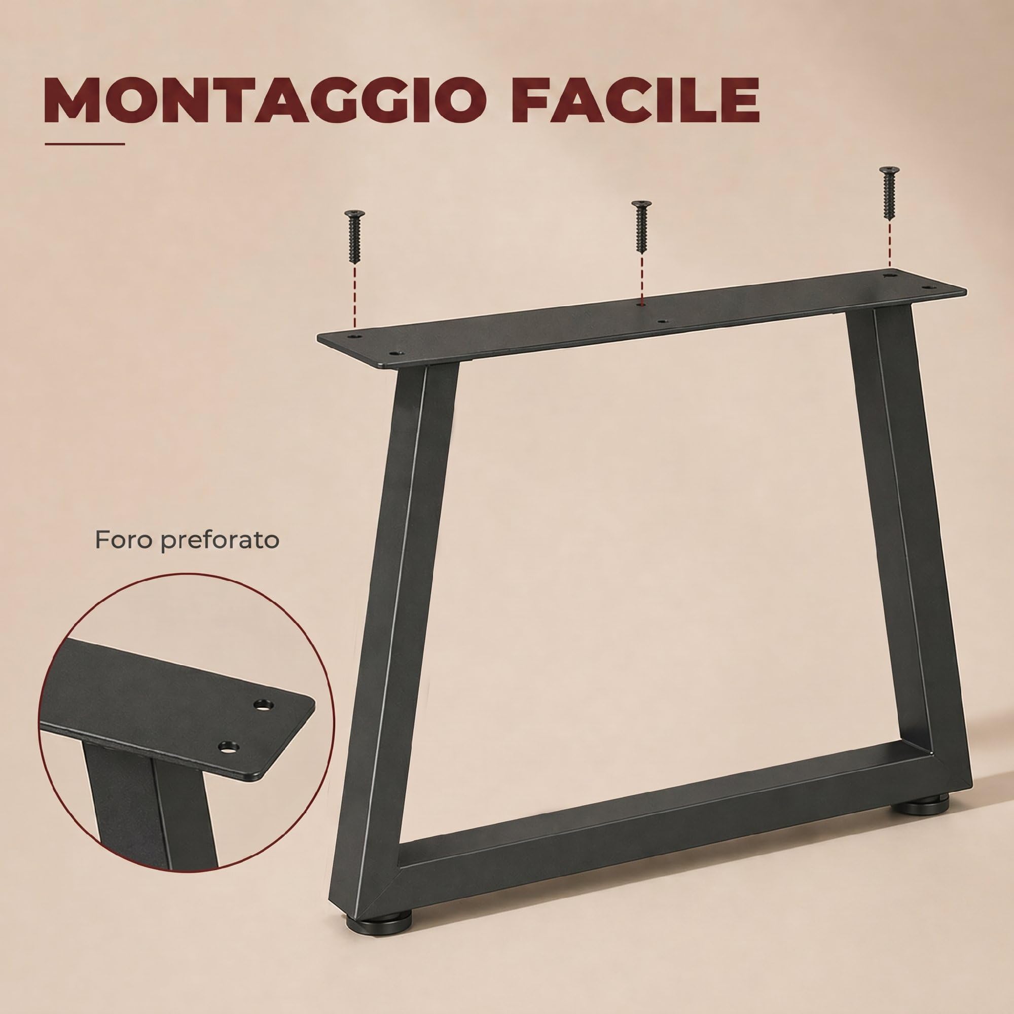 HOMCOM Set 2 Gambe per Tavolo Trapezoidali in Acciaio 60x10x43 cm Nero | Gambe per Mobili, 12 Fori, 12 Viti, 4 Piedini Regolabili, Stile Industriale, Capacità 75 kg, per Panca, Tavolino