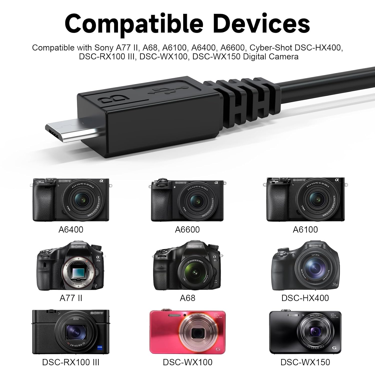 Replacement VMC-MD4 USB Data Transfer Charger Cable Cord Compatible with Sony A77 II, A68, A6100, A6400, A6600, Cyber-Shot DSC-HX400, DSC-RX100 III, DSC-WX100, DSC-WX150 Digital Camera, 3.3FT