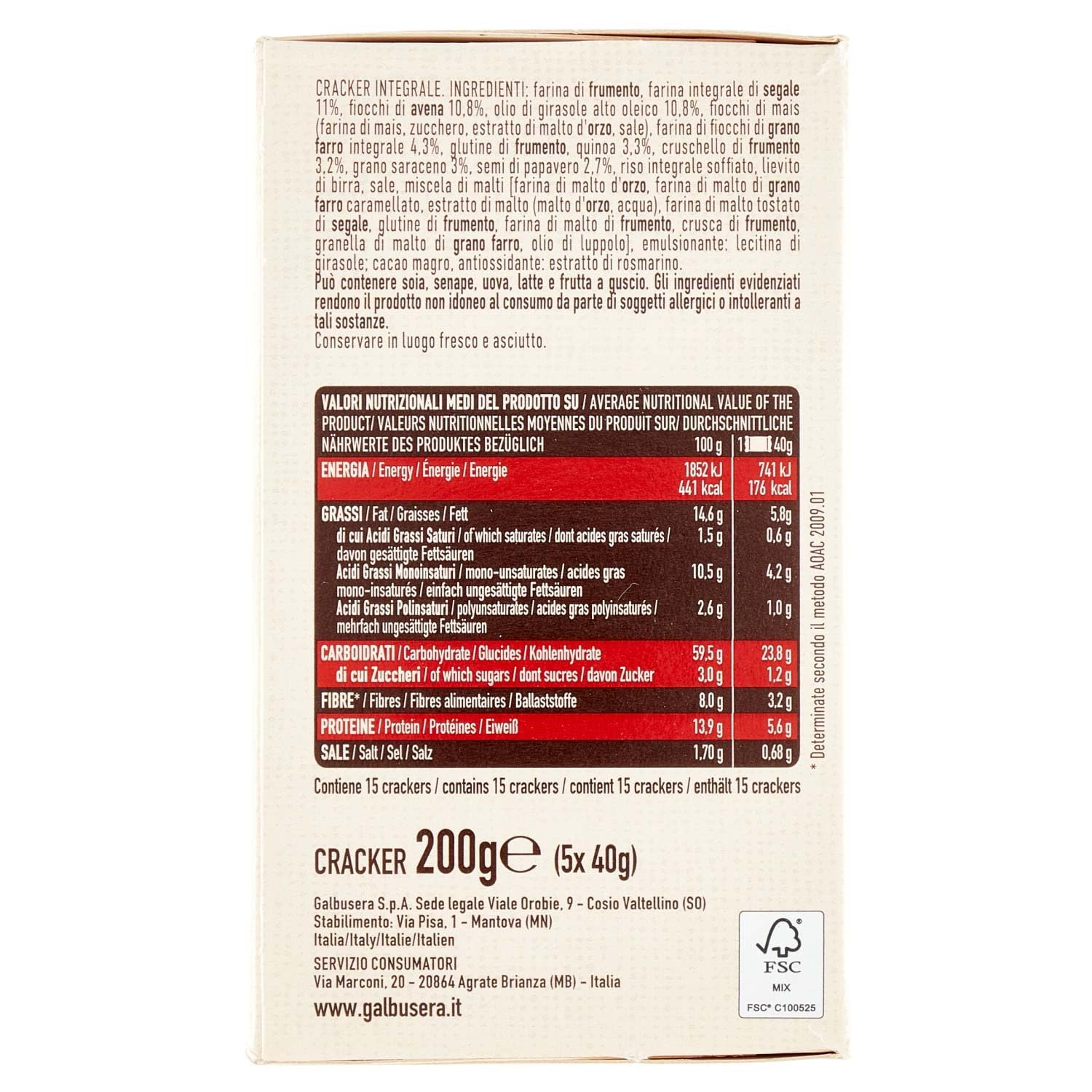 Galbusera Belle Buone Cracker ai 5 Cereali Segale, Avena, Farro, Quinoa e Grano Saraceno 200g [CAIYA® BOX da 8 Confezioni]