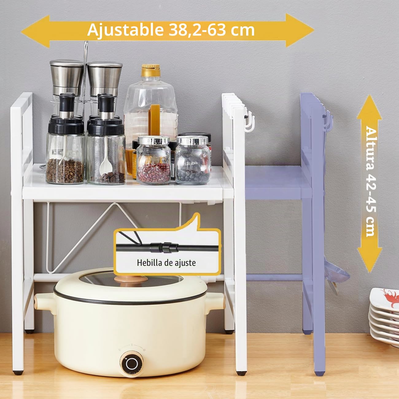 Estantería extensible para microondas con 6 ganchos, estante de encimera para microondas, almacenamiento y organización de cocina, soporte para panaderos de especias, organizador de