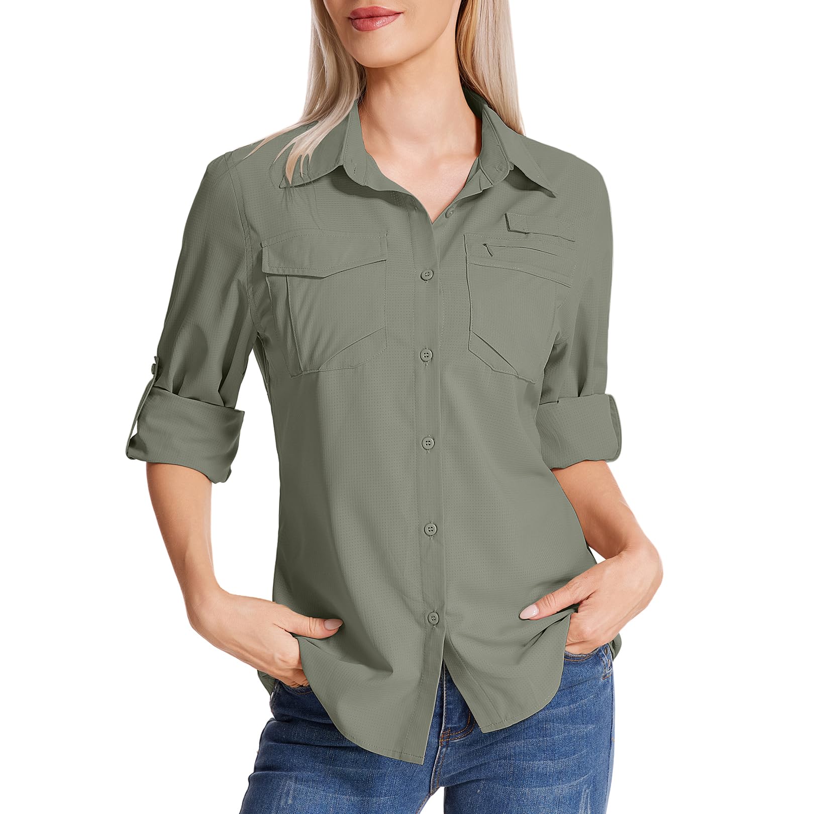 Camicia safari da donna UPF 50 con protezione solare UV ad asciugatura rapida, a maniche lunghe, per escursionismo, passeggiate, pesca, viaggi all'aperto