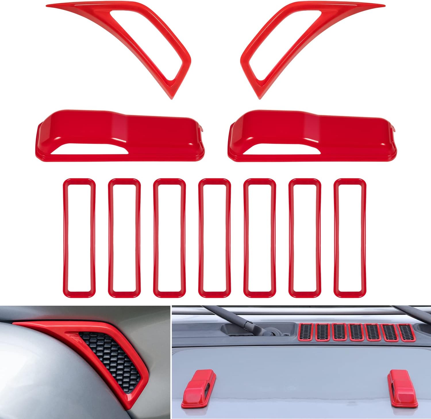 Bonbo Hood Vents & Engine Hood Hinge & Side AC Vent Outlet Trim Exterior Accessories fit for Jeep Wrangler JL JLU Sports Sahara Freedom Rubicon Unlimited Gladiator JT 2018-2023 11PCS (Red)