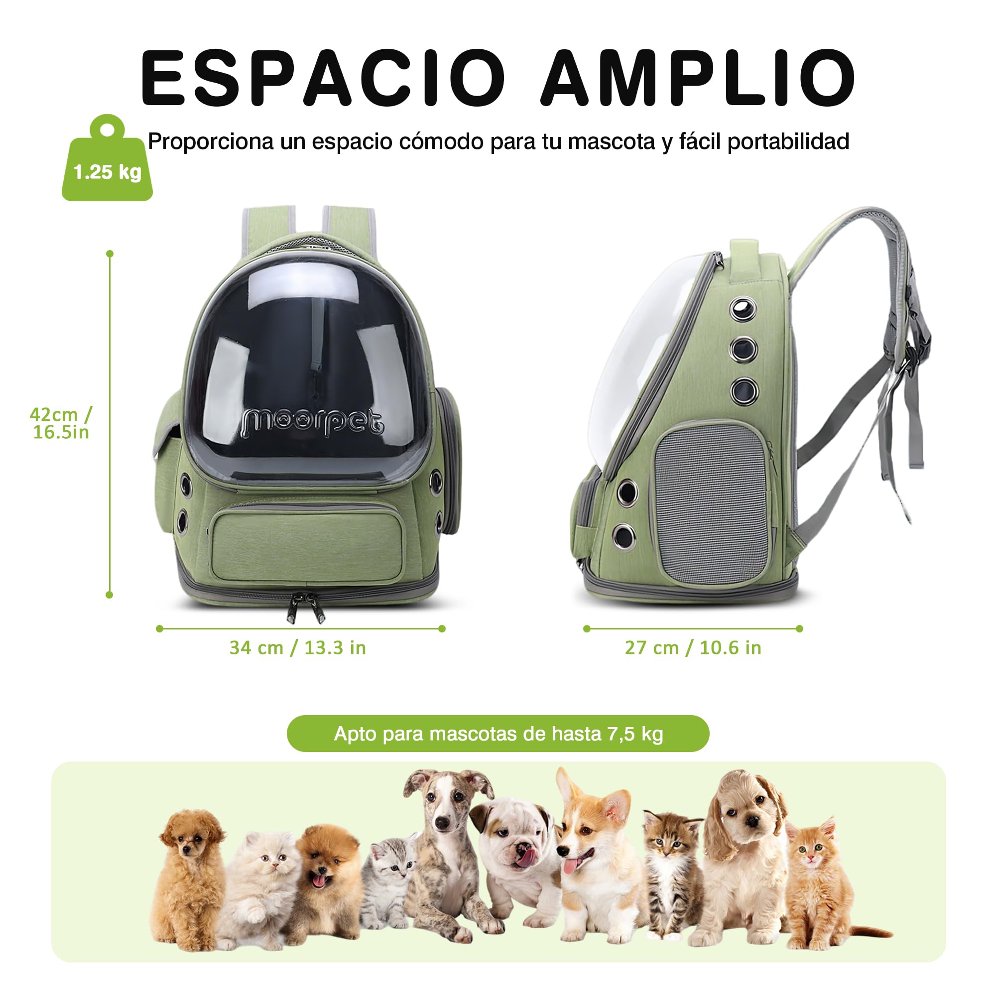 ALLSOPETS Mochila para Gatos y Perros con Diseño de Burbuja, Plegable y Portátil, para Mascotas hasta 7,5 kg, Ideal para Viajes, Senderismo y Visitas al Veterinario (Verde Bosque)